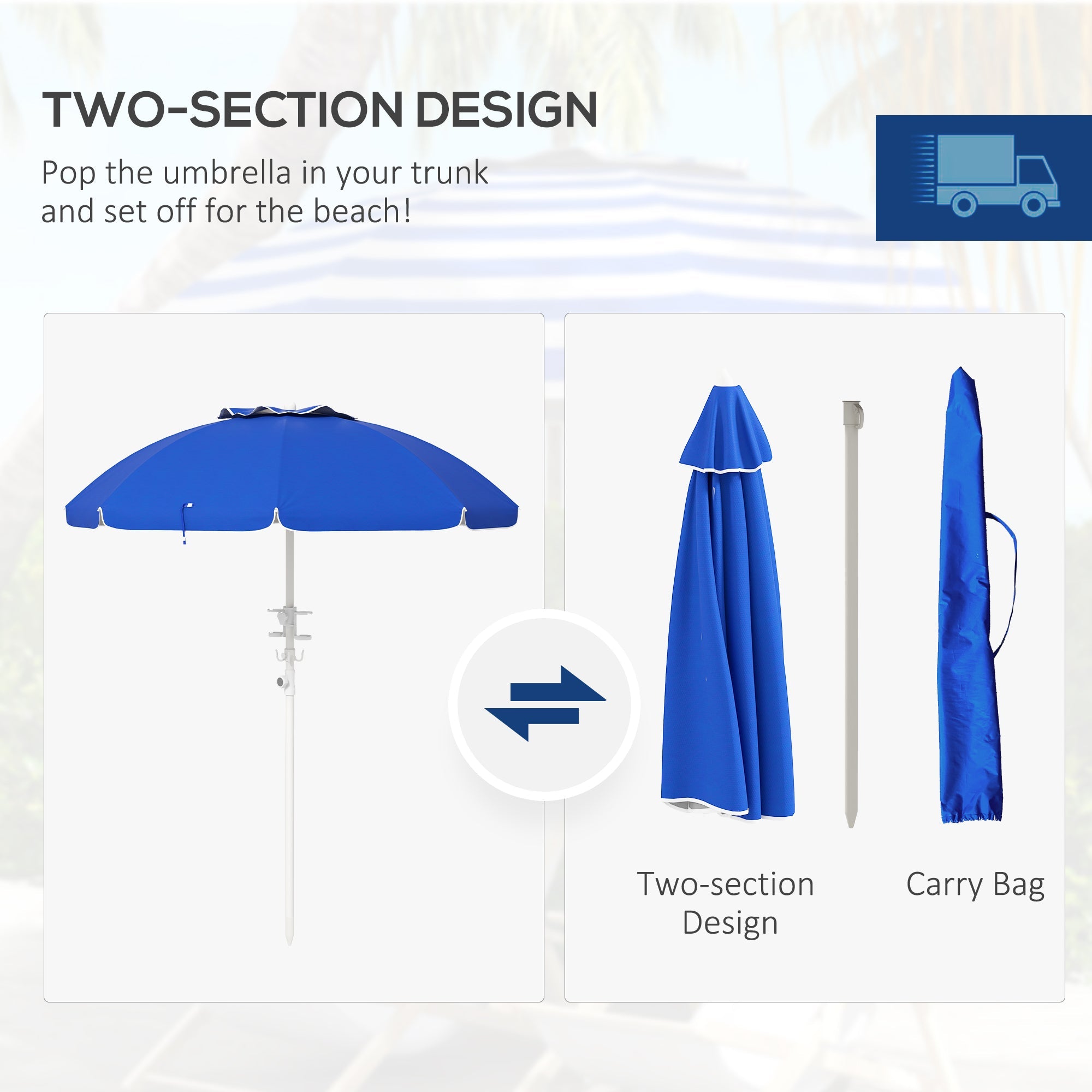 5.7' Beach Umbrella for Travel with Tilt, Adjustable Height, 2 Cup Holders, Hook, Vent, Ruffles, Sapphire Blue Beach Umbrellas   at Gallery Canada