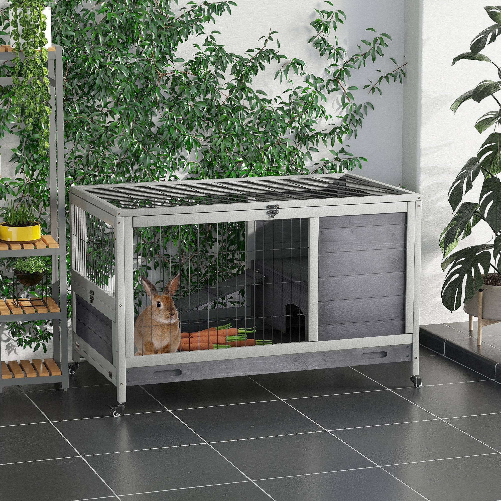 Wooden Indoor Rabbit Hutch Elevated Bunny Cage Habitat with Enclosed Run with Wheels, Suitable for Rabbits and Guinea Pigs, Grey Rabbit Hutch at Gallery Canada