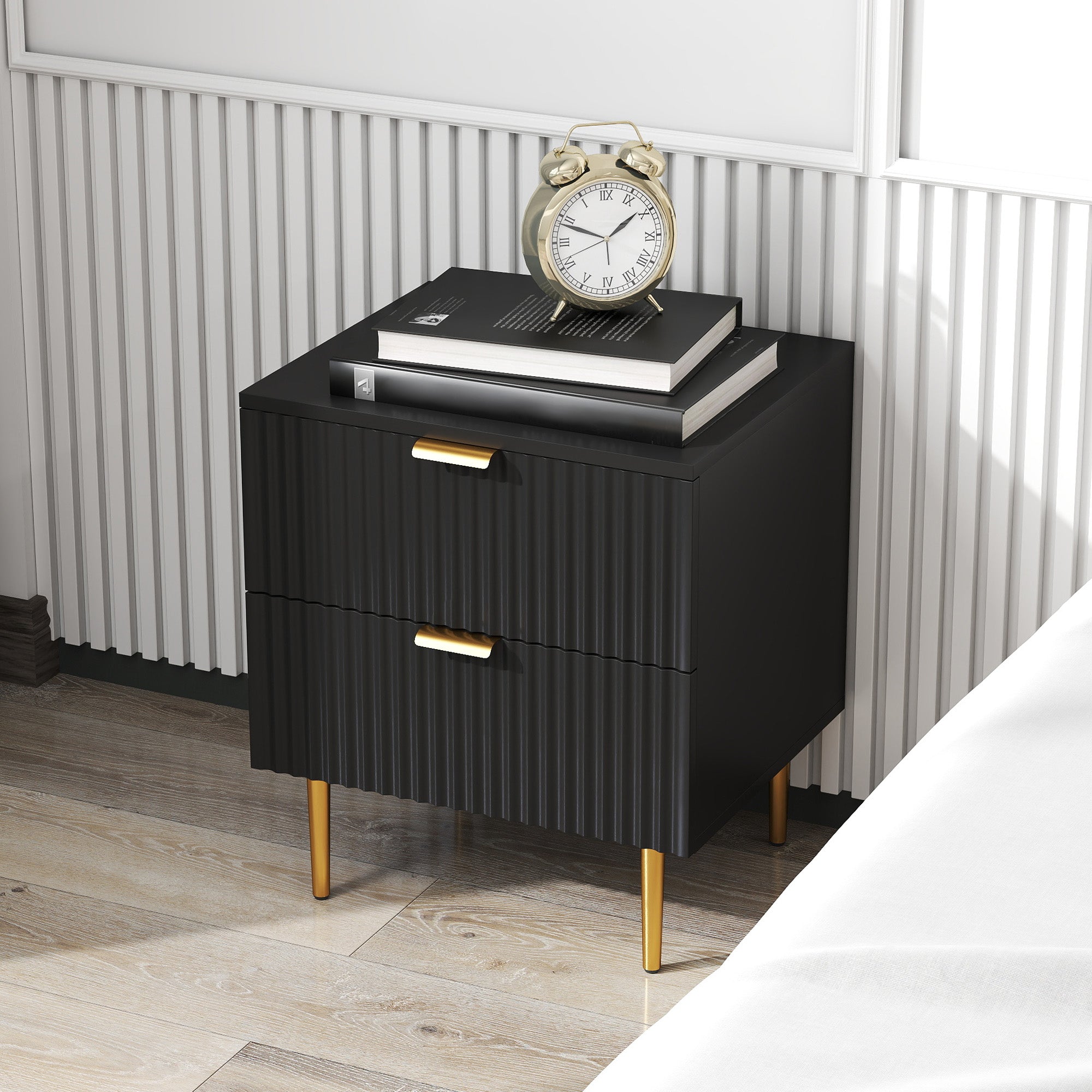 Bedside Table, Modern Nightstand with 2 Drawers, Side End Table with Metal Legs for Living Room, Bedroom, Black Bedside Tables   at Gallery Canada