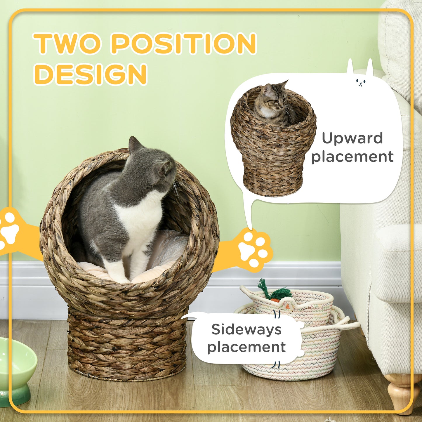 Wicker Cat Bed with Cushion, Stand, for Indoor Cats, Grey Cat Houses   at Gallery Canada