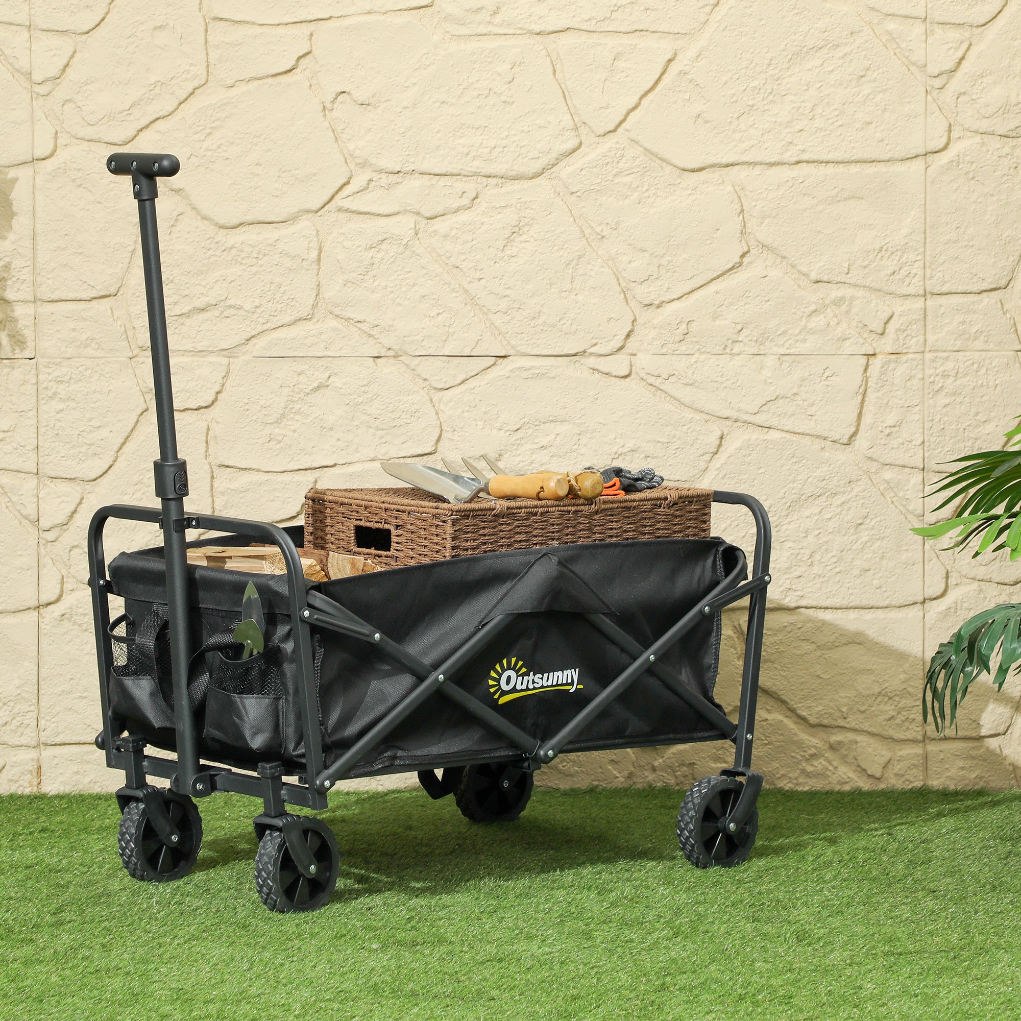 Collapsible Folding Garden Cart, Heavy Duty Lawn Wagon with Universal Wheels and Adjustable Handle, Black Folding Garden Carts at Gallery Canada