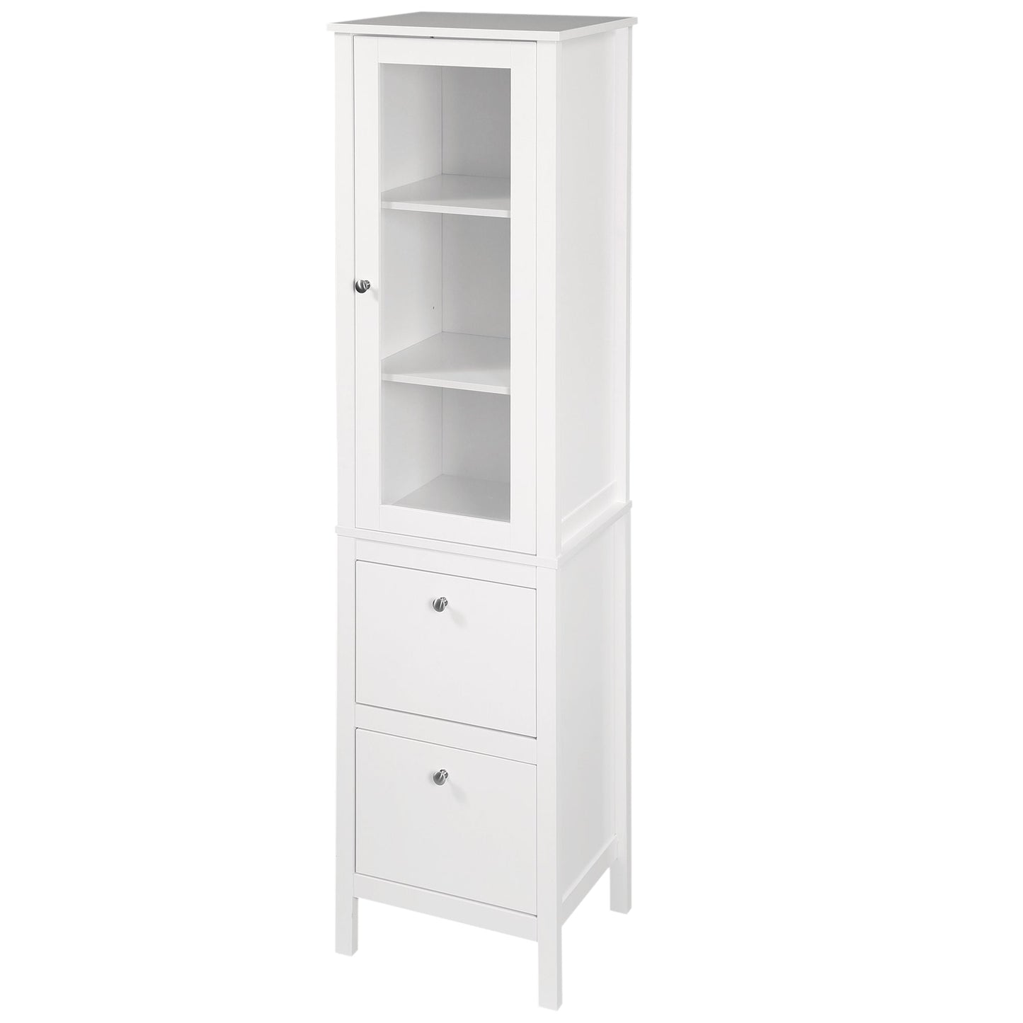 Tall Bathroom Cabinet with Tempered Glass Door, Storage Organizer, Freestanding Linen Tower with 2 Adjustable Shelves and 2 Drawers, White Bathroom Cabinets White  at Gallery Canada