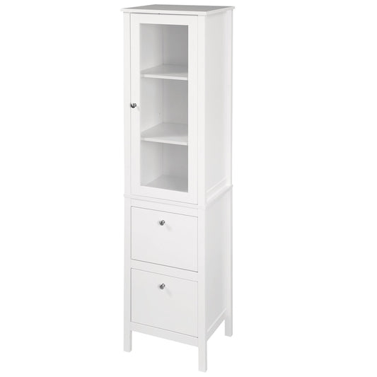 Tall Bathroom Cabinet with Tempered Glass Door, Storage Organizer, Freestanding Linen Tower with 2 Adjustable Shelves and 2 Drawers, White - Gallery Canada