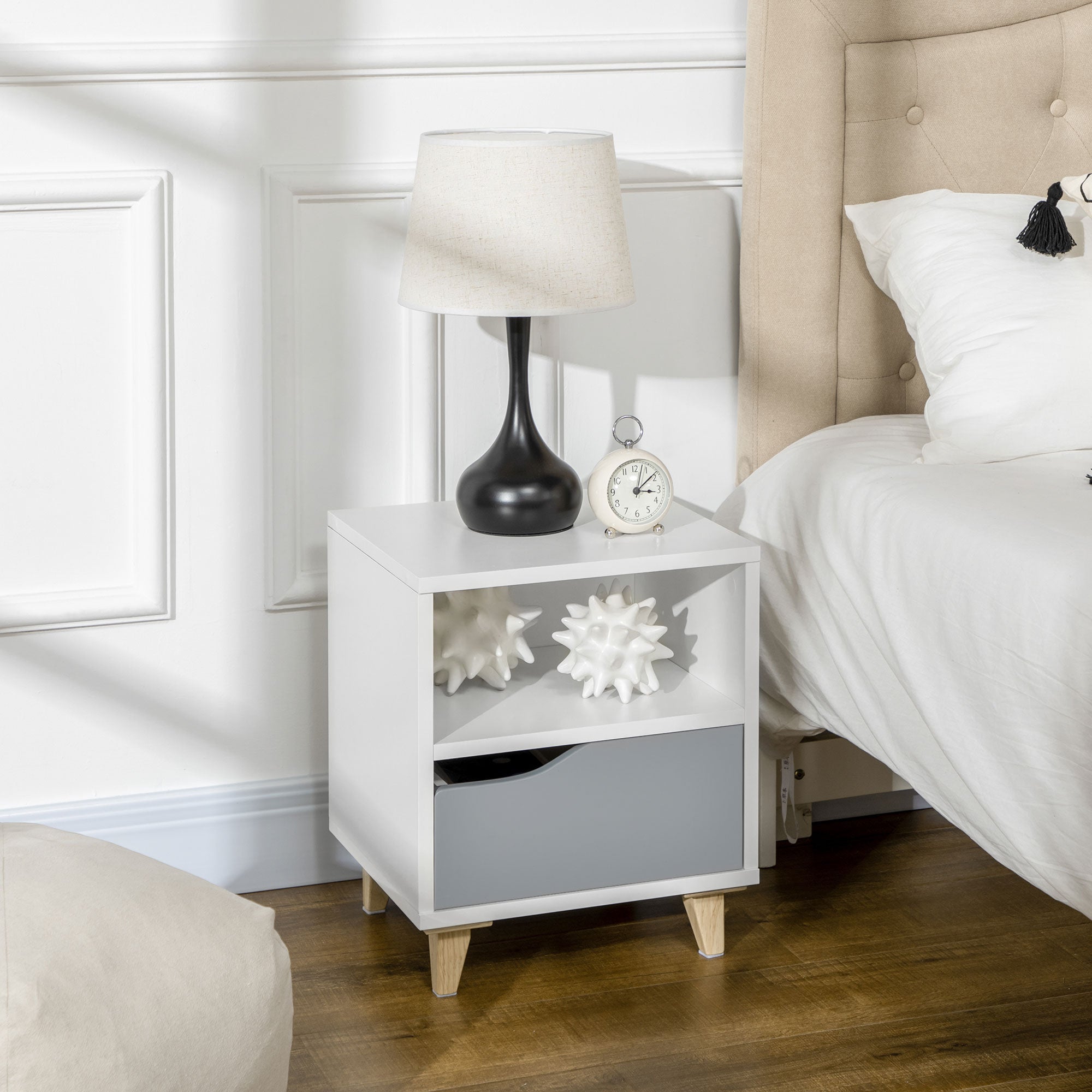 Modern Bedside Table, Side End Table with Shelf, Drawer and Wood Legs, 14.5