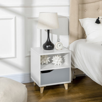 Modern Bedside Table, Side End Table with Shelf, Drawer and Wood Legs, 14.5" x 13" x 17.2", White and Grey Bedside Tables   at Gallery Canada