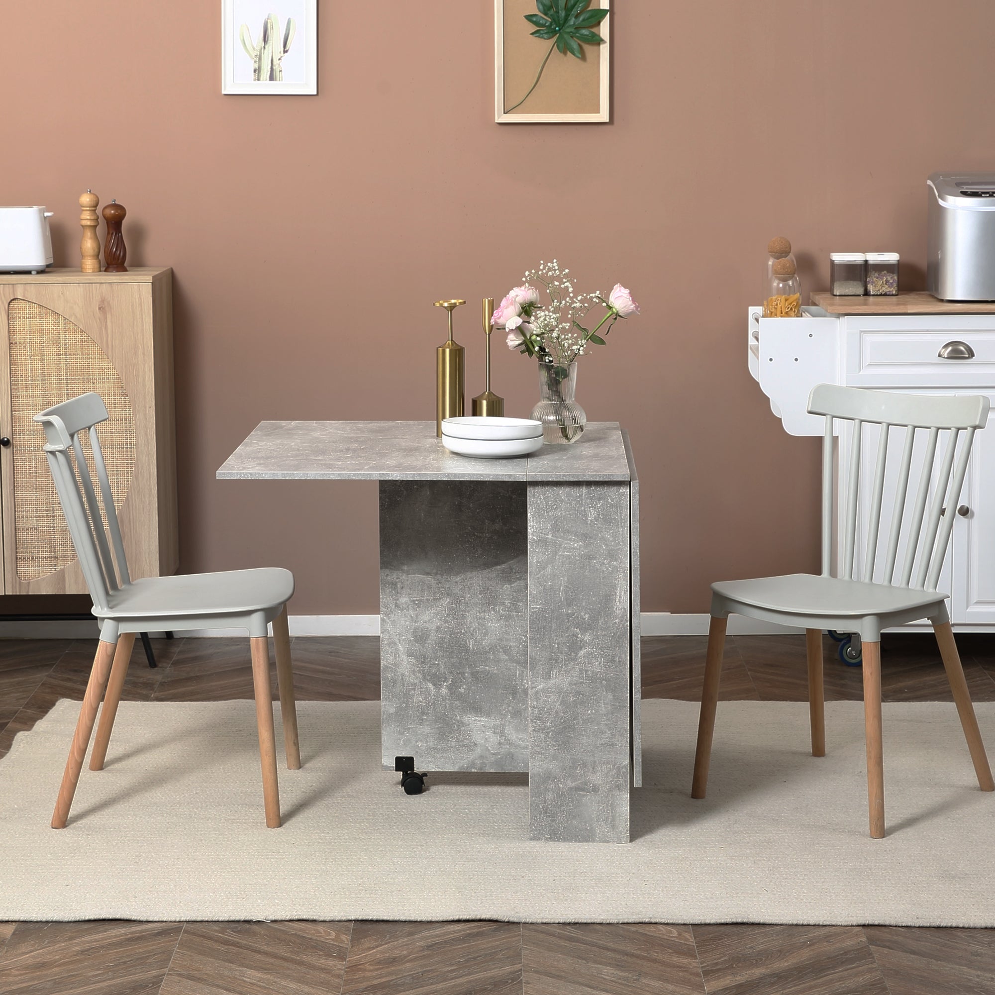 Extendable Dining Table, Collapsible Folding Table w/ 2-tier Shelves and Rolling Casters, Grey Bar Tables & Dining Tables at Gallery Canada