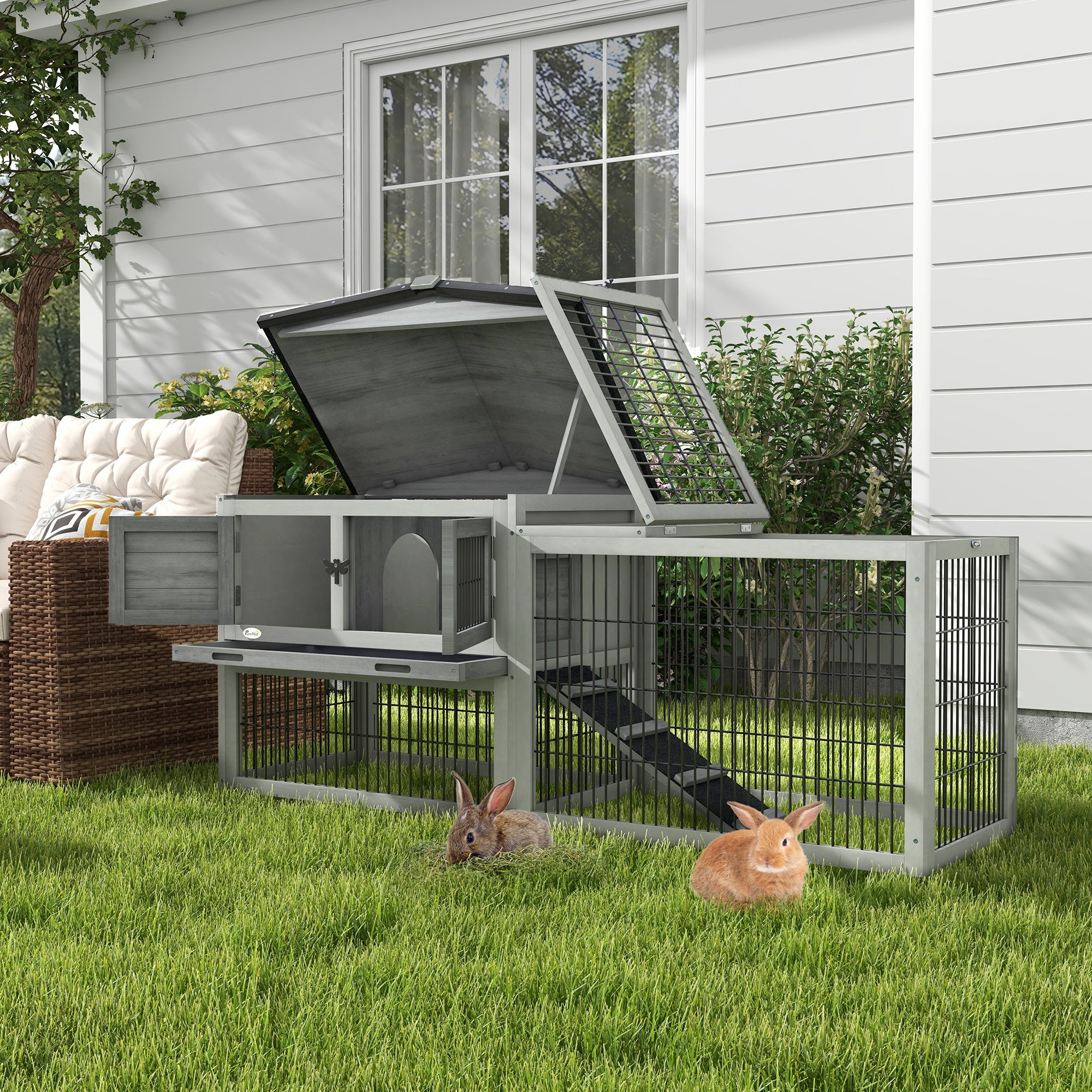Wood Rabbit Hutch w/ Ramp, Openable Roof, Pull-out Tray, Light Grey Rabbit Hutch at Gallery Canada