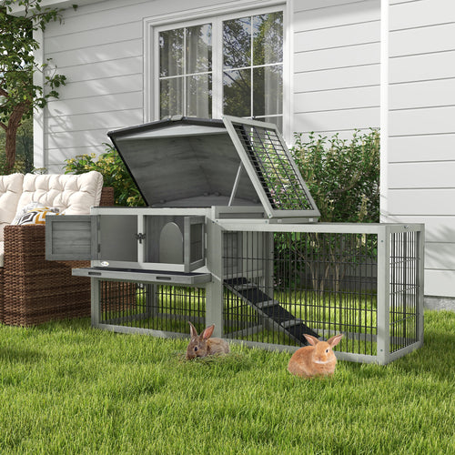 Wood Rabbit Hutch w/ Ramp, Openable Roof, Pull-out Tray, Light Grey