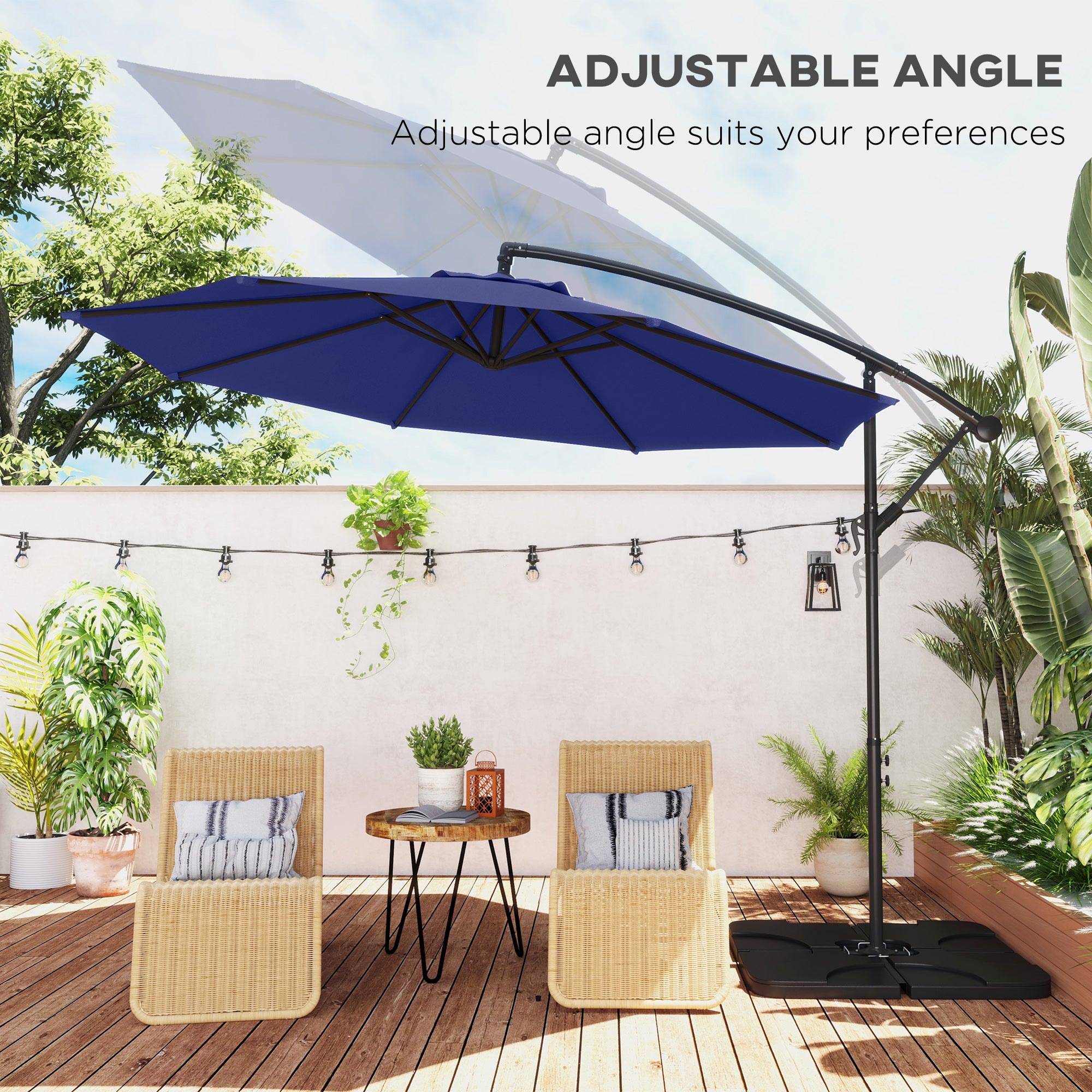 9.6ft Offset Patio Umbrella Garden Hanging Parasol Banana Cantilever Umbrella with Base, Crank, Navy Blue Offset Cantilever Umbrellas at Gallery Canada