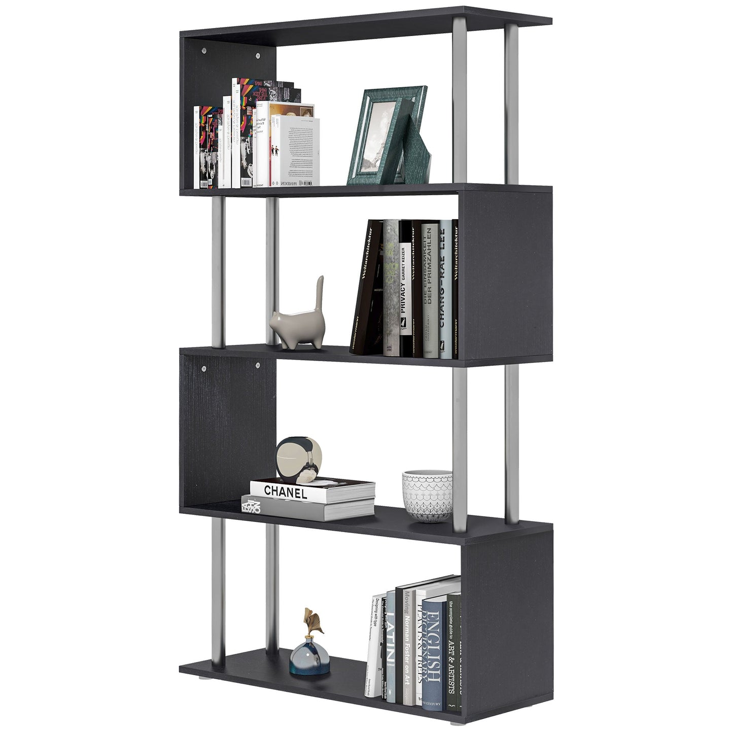 5-Tiers Wooden Bookcase Z-Shape Storage Bookshelf Display with Metal Frame for Living Room, Bedroom, Office, Black Display Bookshelves Black  at Gallery Canada