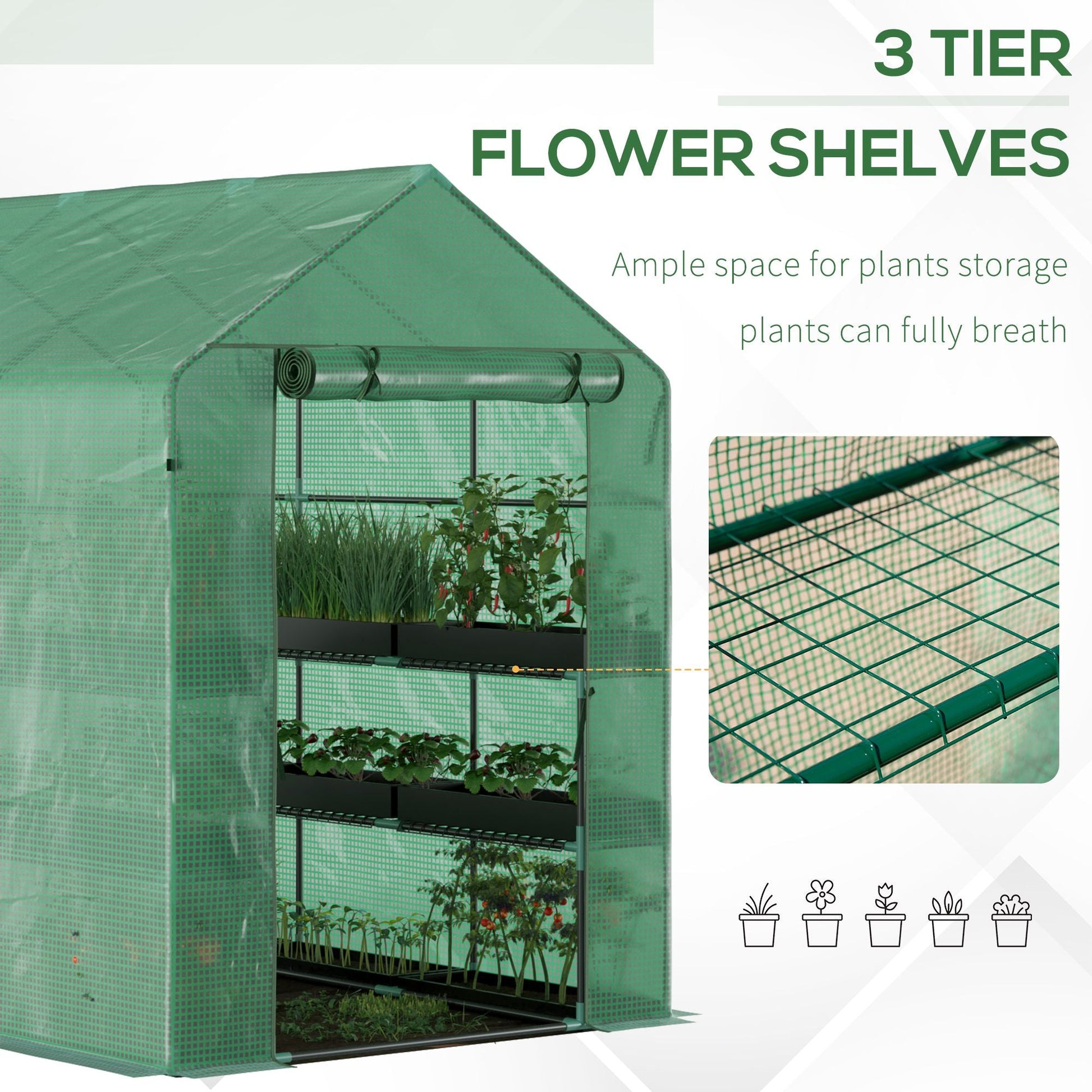 84"x 56" x 77" Walk-in Greenhouse 2-Tier Flower Rack Outdoor Plant Garden PE Cover Steel Frame with Roll up Door, Green Walk In Greenhouses   at Gallery Canada