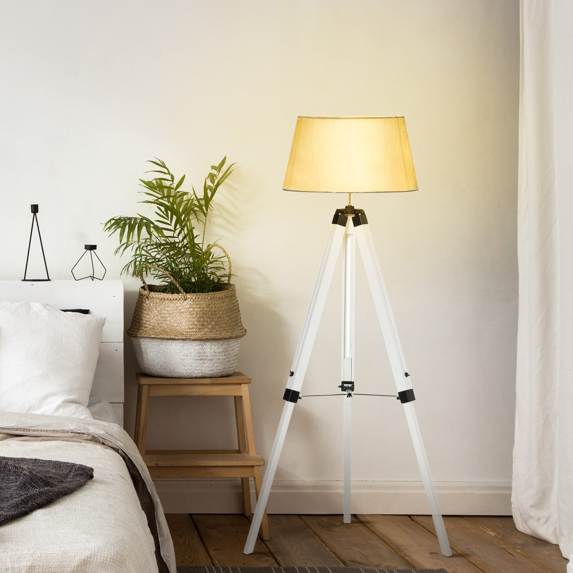 Tripod Floor Lamp, Adjustable Height Wooden Standing Lamp with E26 Lamp Base for Living Room, Bedroom, White and Grey Floor Lamps & Ceiling Fan Lights at Gallery Canada