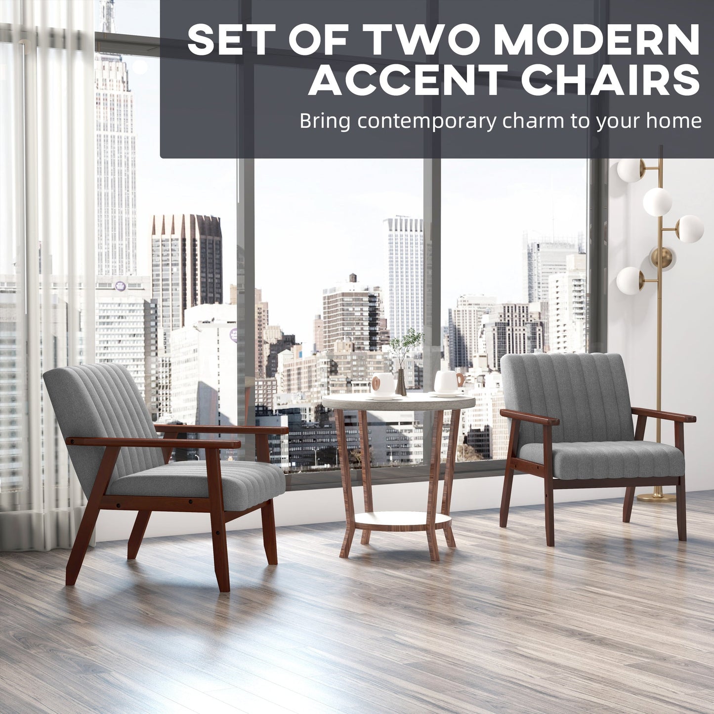 Set of 2 Accent Chairs, Modern Upholstered Armchairs for Living Room with Wooden Legs and Tufting Design, Grey Accent Chairs   at Gallery Canada