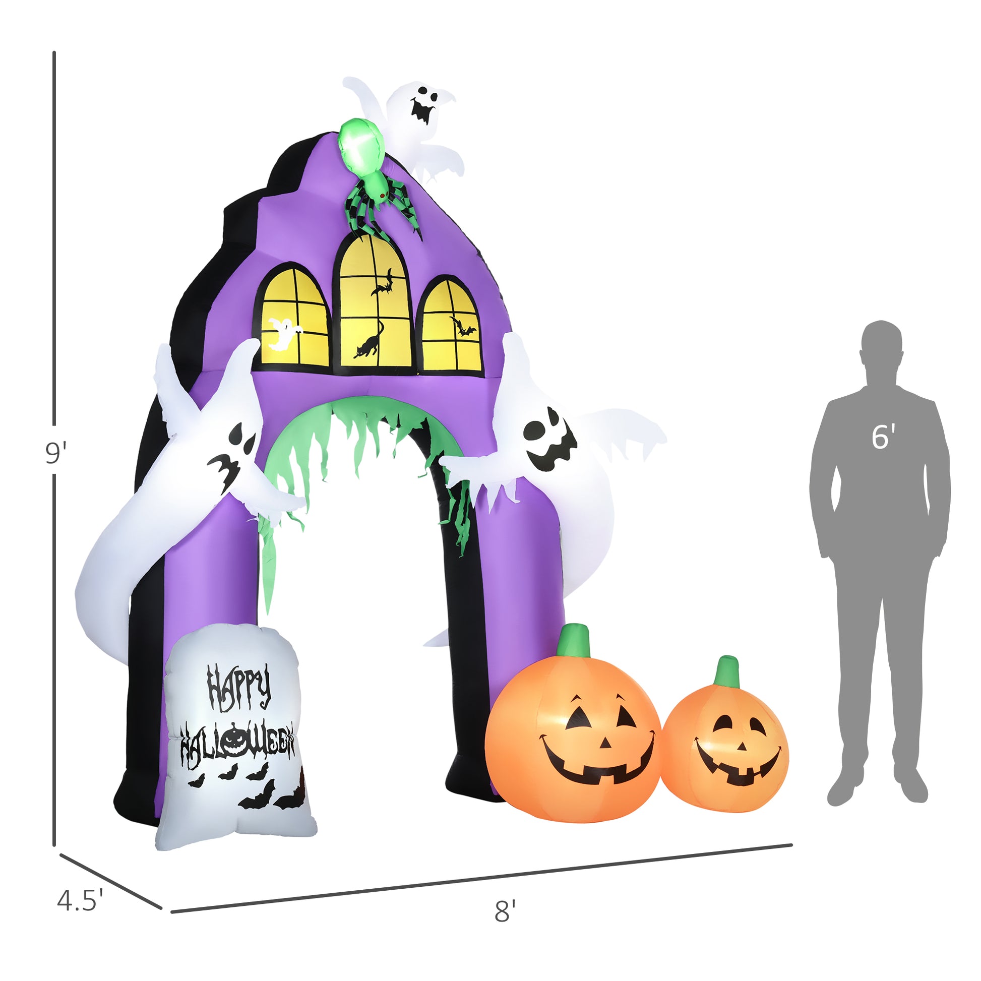 9ft Inflatable Halloween Decoration Castle Archway with Ghosts and Pumpkins, Blow-Up Outdoor LED Display for Lawn, Garden, Party - Gallery Canada