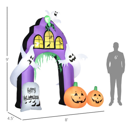 9ft Inflatable Halloween Decoration Castle Archway with Ghosts and Pumpkins, Blow-Up Outdoor LED Display for Lawn, Garden, Party - Gallery Canada