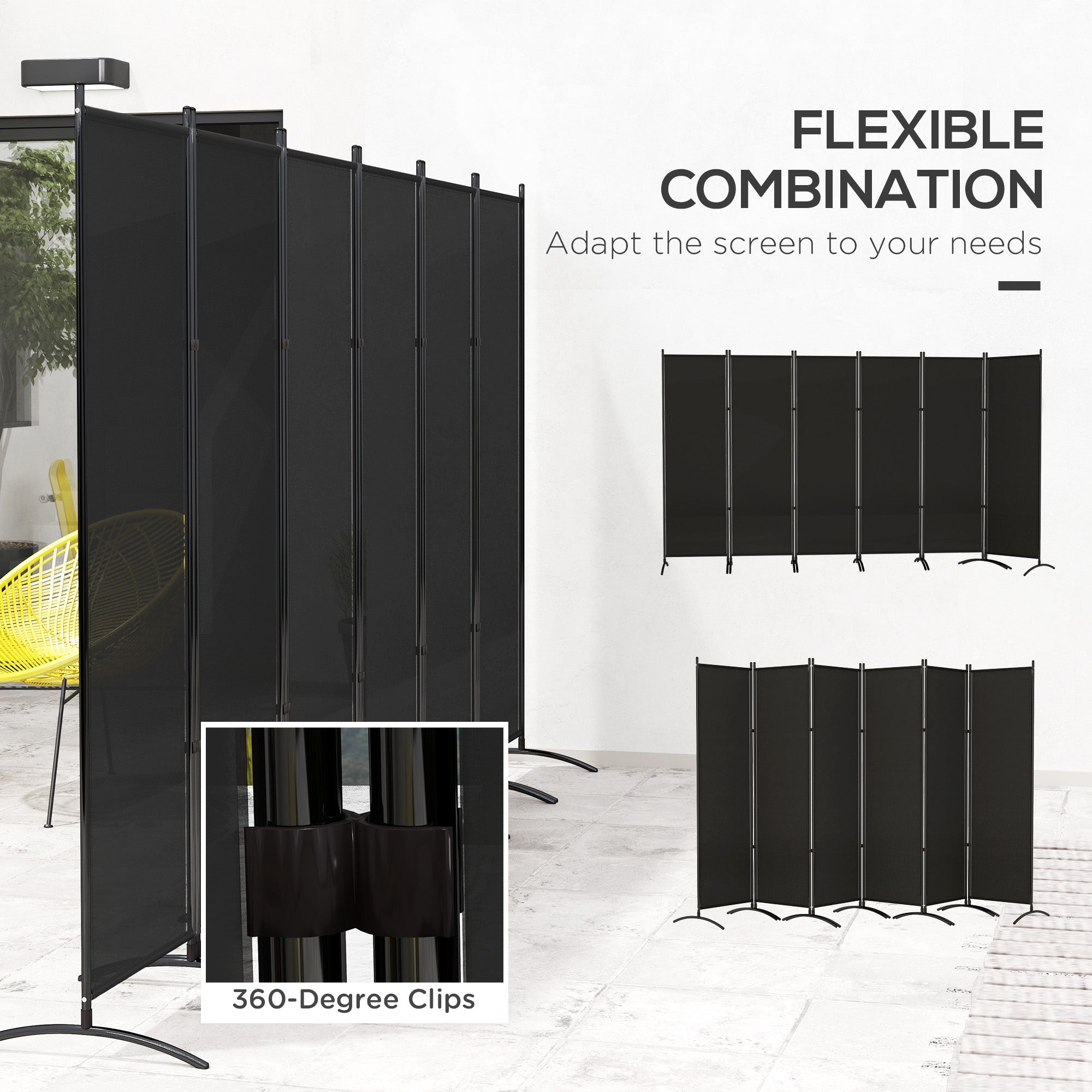6 Panel Folding Room Divider, UV30+ Privacy Screen, Indoor Outdoor Privacy Panel with Stable Base, Black Side Awnings at Gallery Canada