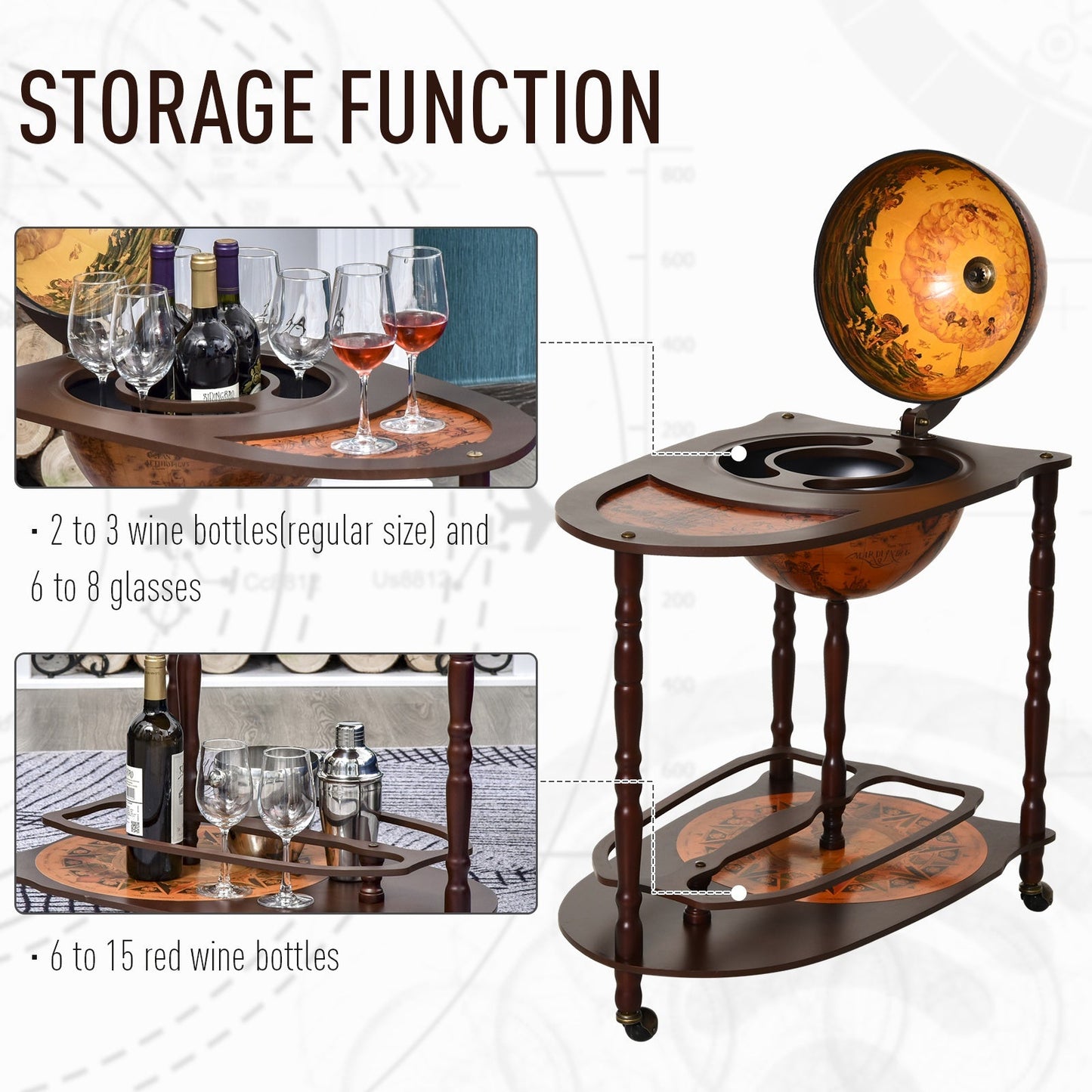 35" Wood Globe Wine Bar Stand Retro Style Rack Storage Trolley Glass Bottle Holder with Rolling Wheels Wine Racks   at Gallery Canada