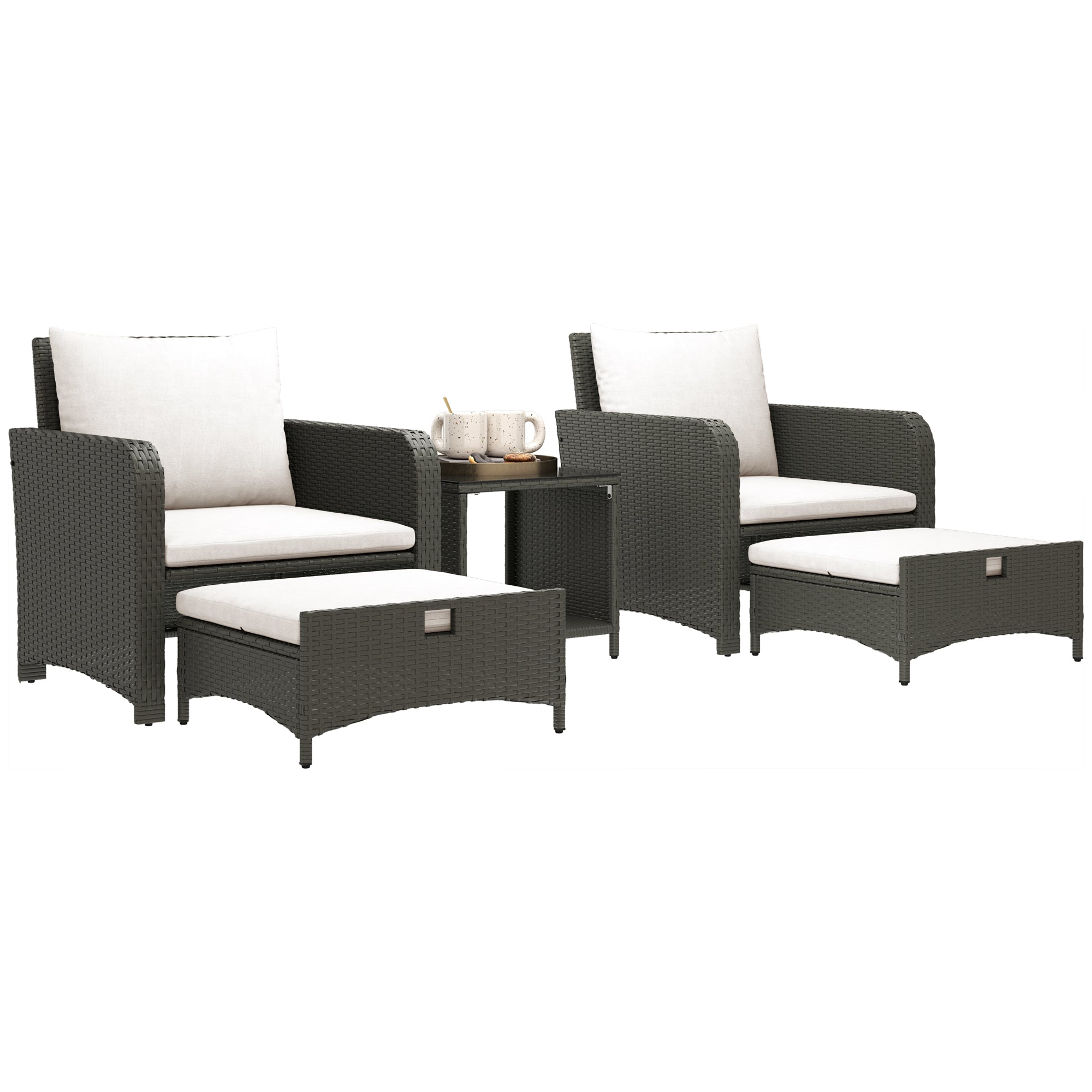 5 Piece Rattan Balcony Furniture Set, Wicker Outdoor Furniture Set with 2-Tier Coffee Table, Ottomans, Grey, Cream White Patio Furniture Sets at Gallery Canada