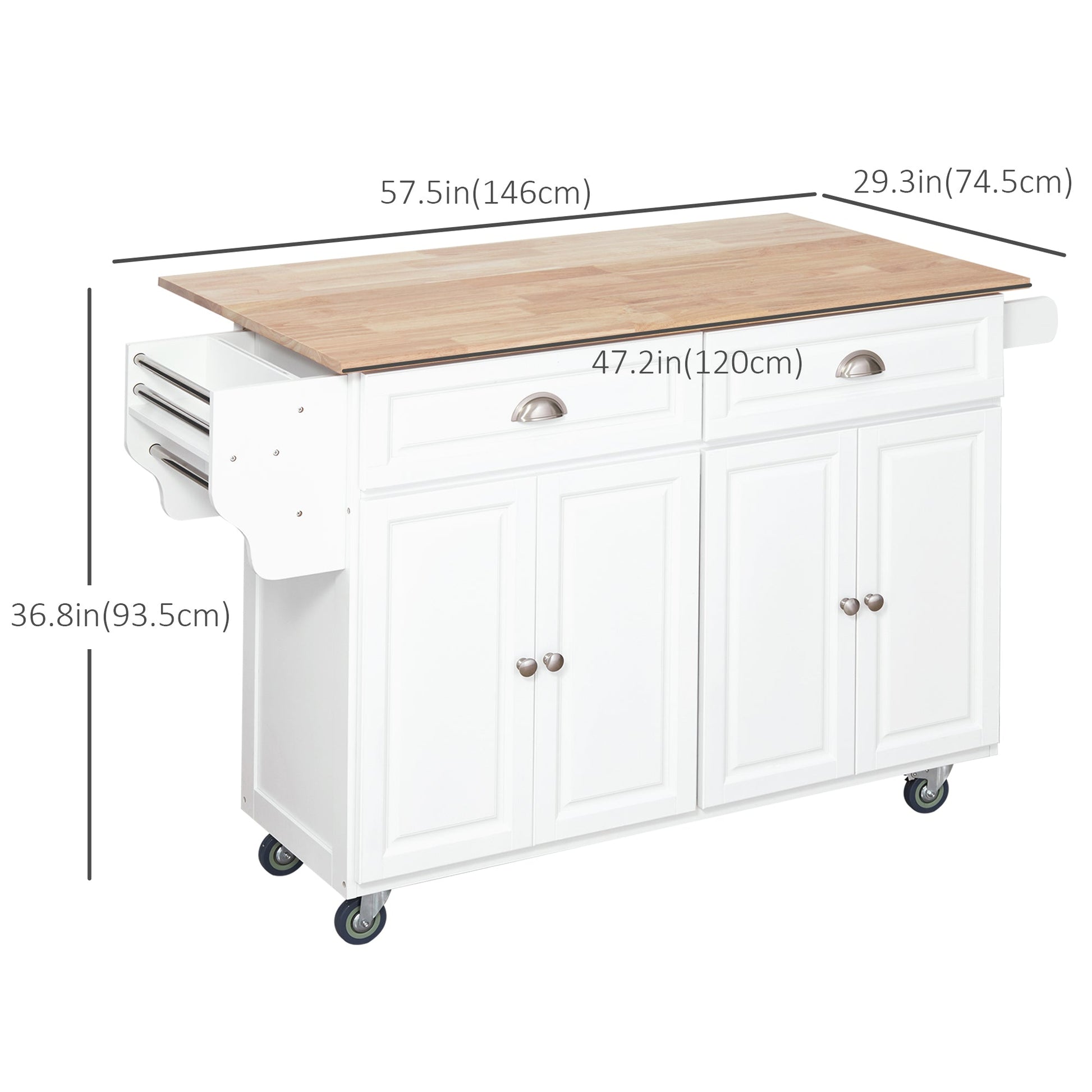 Rolling Kitchen Island on Wheels Utility Cart with Drop-Leaf, Rubber Wood Countertop, Storage Drawers, Door Cabinets and Adjustable Shelves, White Kitchen Islands & Kitchen Carts   at Gallery Canada