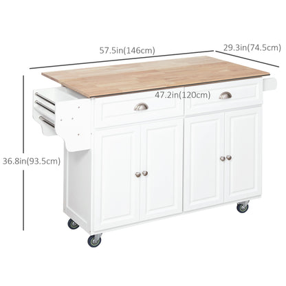 Rolling Kitchen Island on Wheels Utility Cart with Drop-Leaf, Rubber Wood Countertop, Storage Drawers, Door Cabinets and Adjustable Shelves, White Kitchen Islands & Kitchen Carts   at Gallery Canada