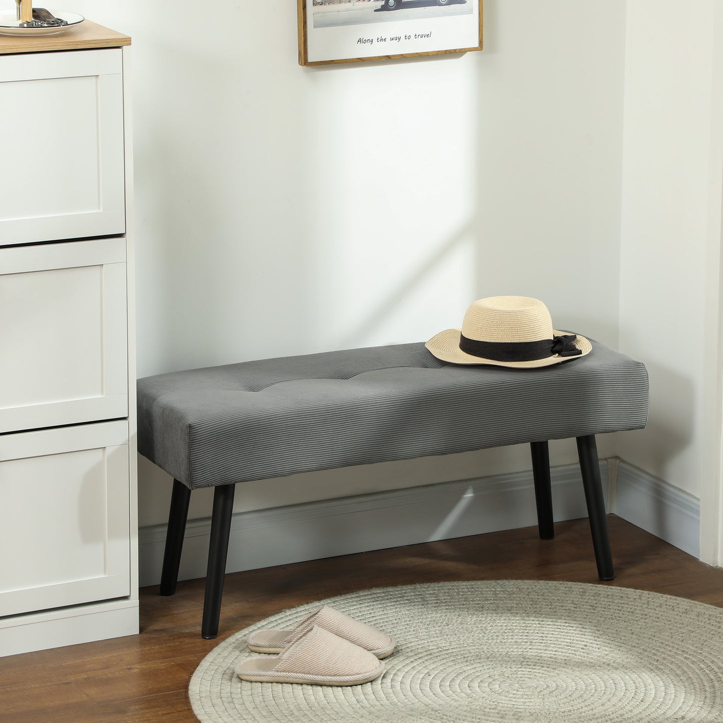 39" Upholstered Ottoman Bench, Corduroy Entryway Bedroom Bench with Padded Seat and Steel Legs for Bedroom, Grey Storage Ottomans & Benches Grey  at Gallery Canada