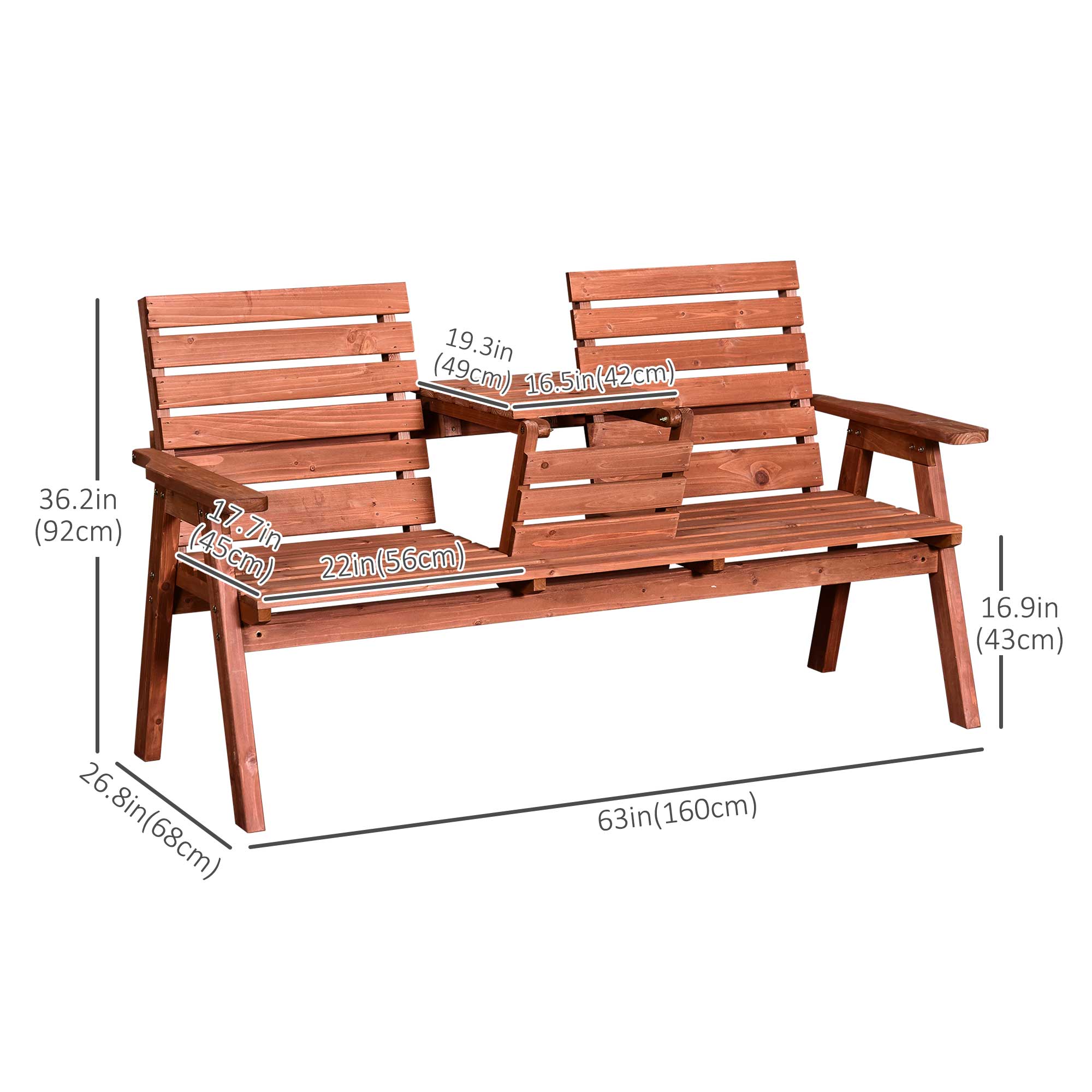 3-Seater Outdoor Bench with Convertible Middle Table, Garden Wooden Patio Loveseat with Middle Table for 2 Persons w/ Slatted Seat and Backrest, Armrests, Orange Outdoor Benches at Gallery Canada