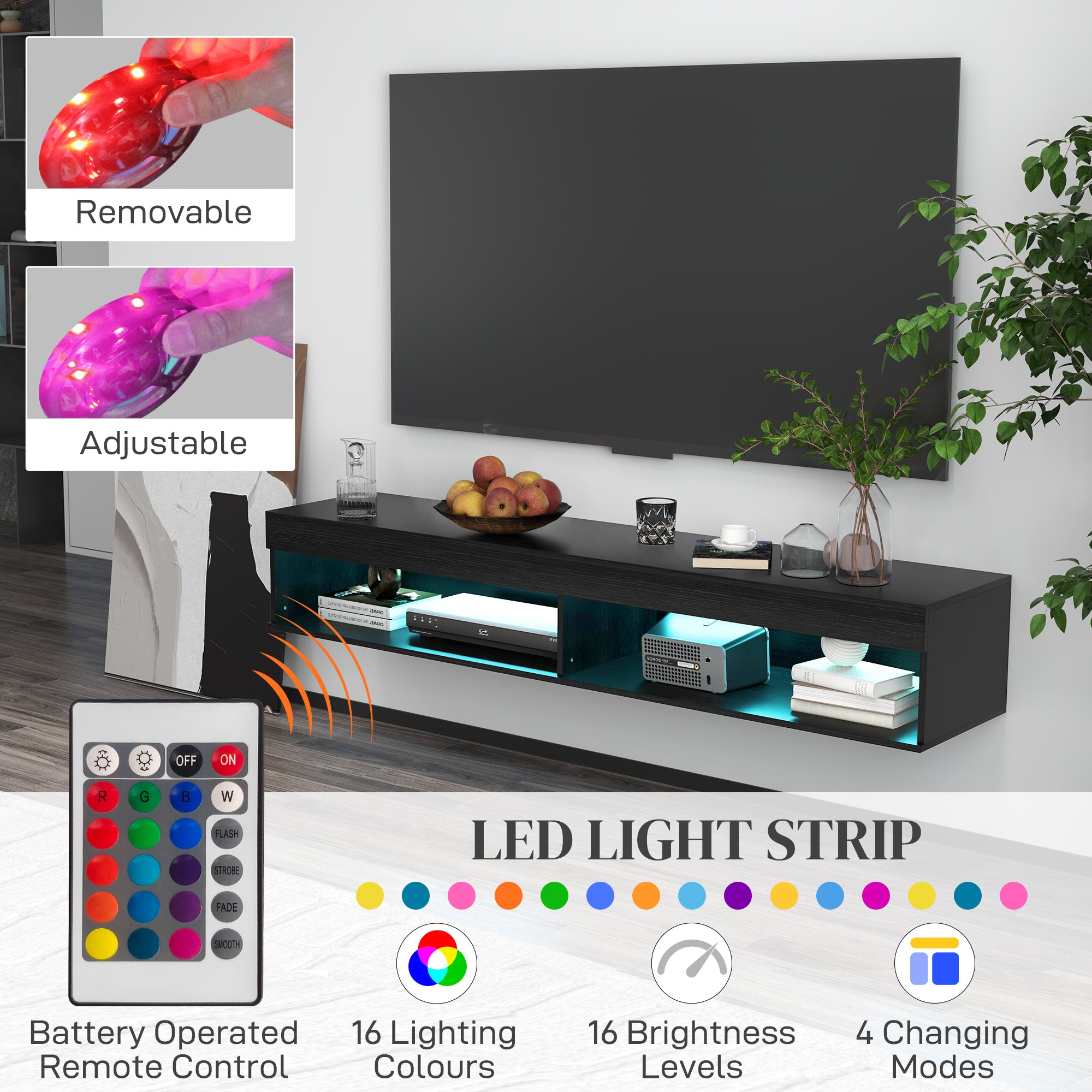 Modern Wall Mounted TV Stand with Storage and LED Lights for TVs up to 75