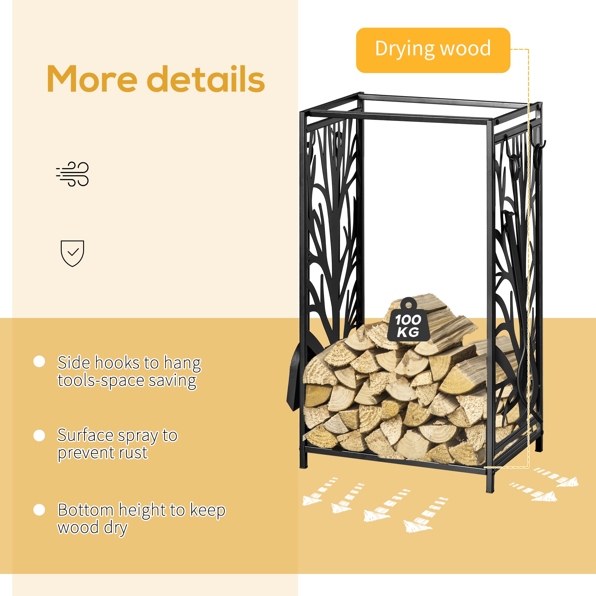 Firewood Rack with 4 Tools, Log Holder for Fireplace, Outdoor Indoor Wood Storage Stacker, 18.1