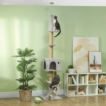 89"-104" Floor to Ceiling Cat Tree w/ Scratching Post, Cat House, 3-Steps, Hanging Ball, Perches, Light Grey Floor to Ceiling Cat Trees Light Grey  at Gallery Canada