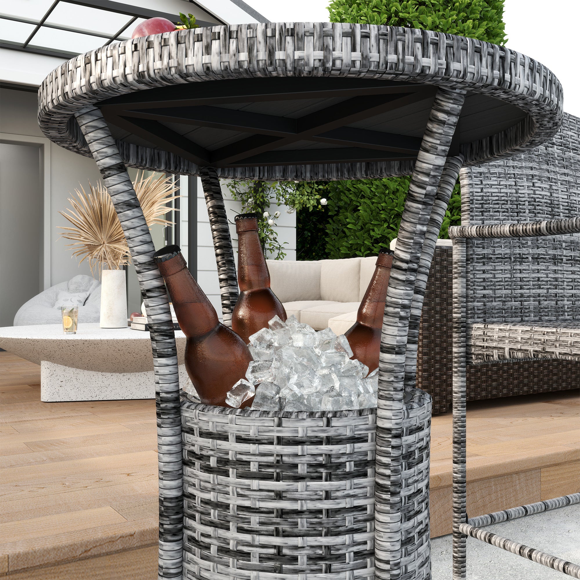 3 Pieces Patio Bar Set, Rattan Bistro Table and Chairs, Outdoor Conversation Furniture Set with Ice Bucket, Mixed Grey Bistro Sets at Gallery Canada