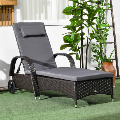 Outdoor Lounger, Deck Lounge Chair with Headrest, 5-Level Adjustable, Backrest, Wheels, Deep Coffee and Grey Chaise Loungers Deep Coffee  at Gallery Canada