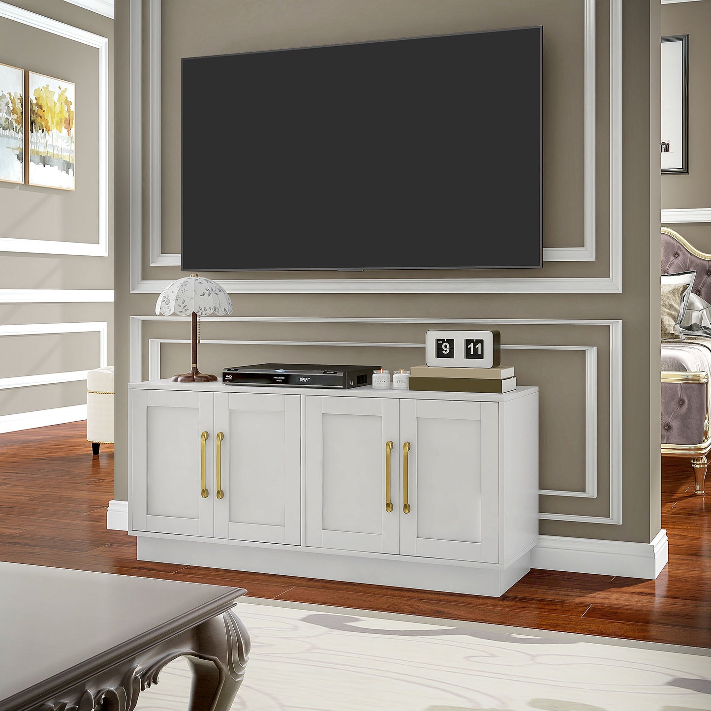 Modern TV Stand for up to 55" TV, TV Cabinet with 4 Soft Hinged Doors, 4 Cable Holes and 2 Adjustable Shelves, White TV Stands   at Gallery Canada