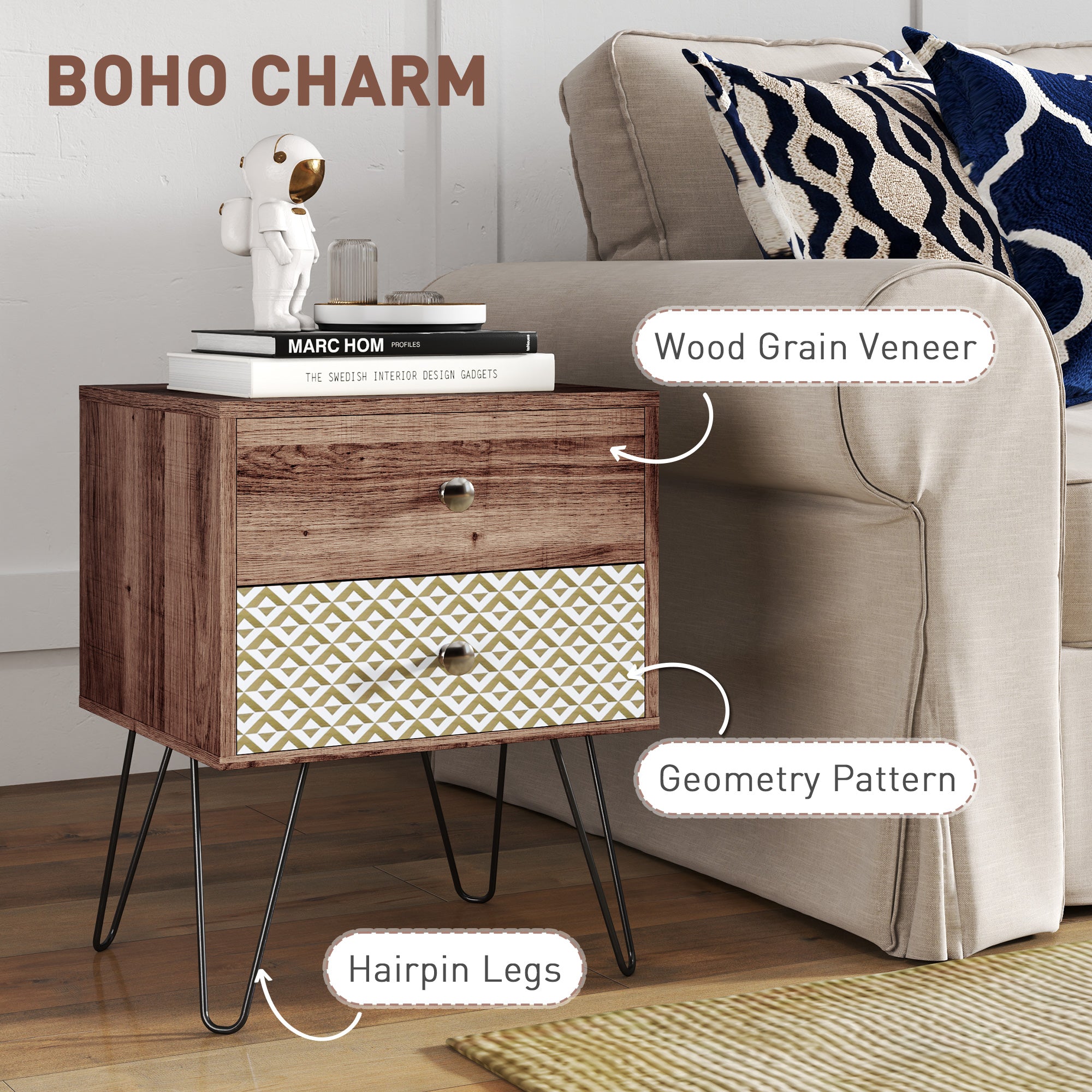 Side Table with Drawers, Nightstand, Bedside Table, Sofa End Table, for Bedroom, Brown Bedside Tables at Gallery Canada