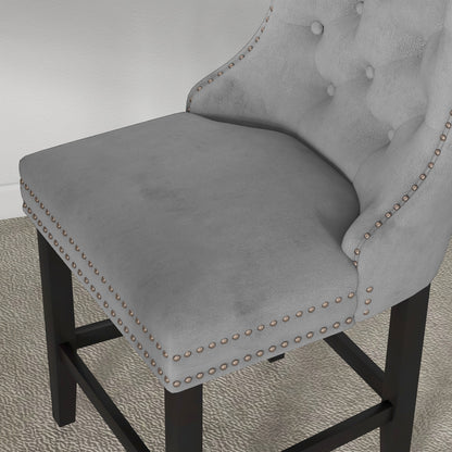 Upholstered Fabric Bar Stool Set of 2, Button Tufted 25.6" Seat Height Counter Chairs with Back &; Wood Legs, Grey Bar Stools   at Gallery Canada