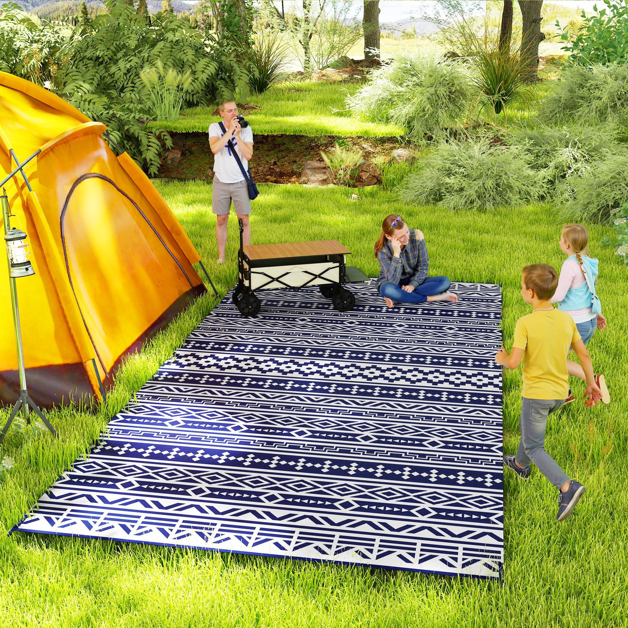 9' x 18' Outdoor RV Rug, Reversible Patio Floor Mat with Carry Bag, Geometric Wall, Blue and White Garden Decor at Gallery Canada