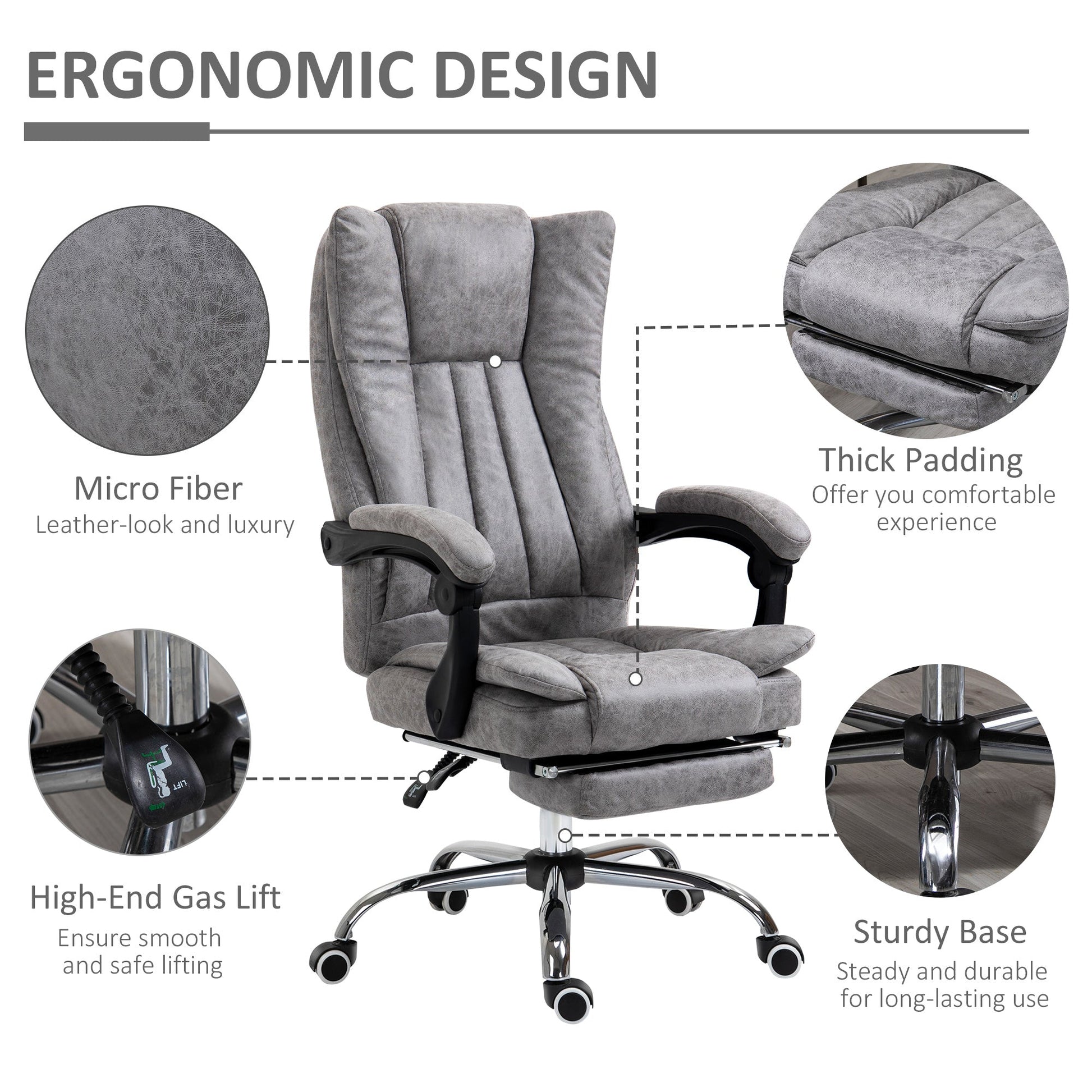 Microfiber Computer Chair, Executive Office Chair with Reclining Backrest Retractable Footrest Adjustable Height Grey Executive & Manager Chairs   at Gallery Canada