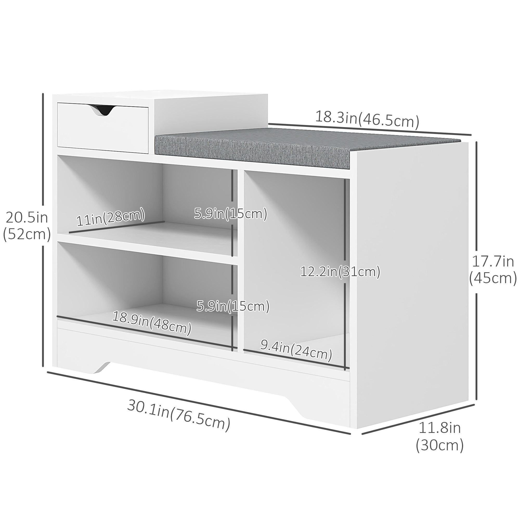 Upholstered Shoe Storage Bench, Shoe Storage with Seat, Entrance Bench with Drawer and 3 Open Shelves for Hallway Shoe Storage Cabinets & Racks   at Gallery Canada