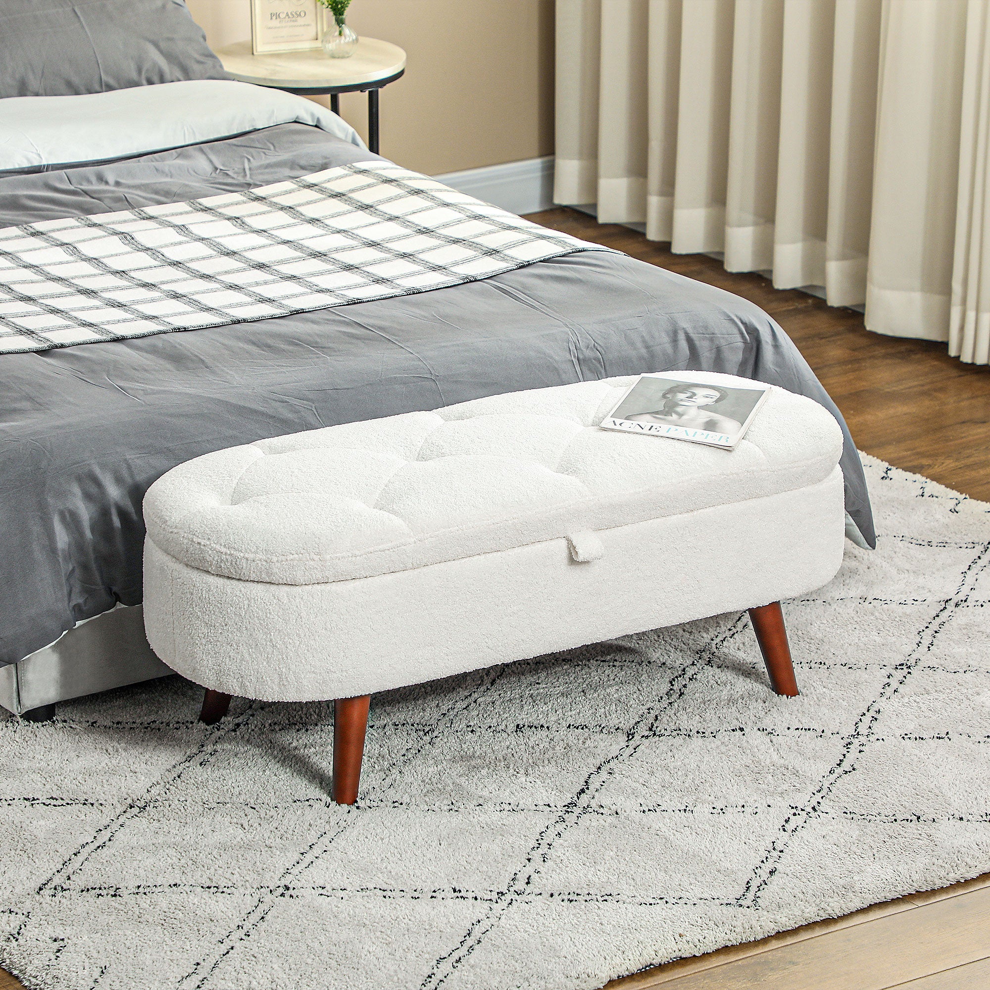 Boucle Bedroom Bench with Storage, Tufted Teddy Fleece Storage Ottoman Bench with Wood Legs for Living Room, White Storage Ottomans & Benches at Gallery Canada