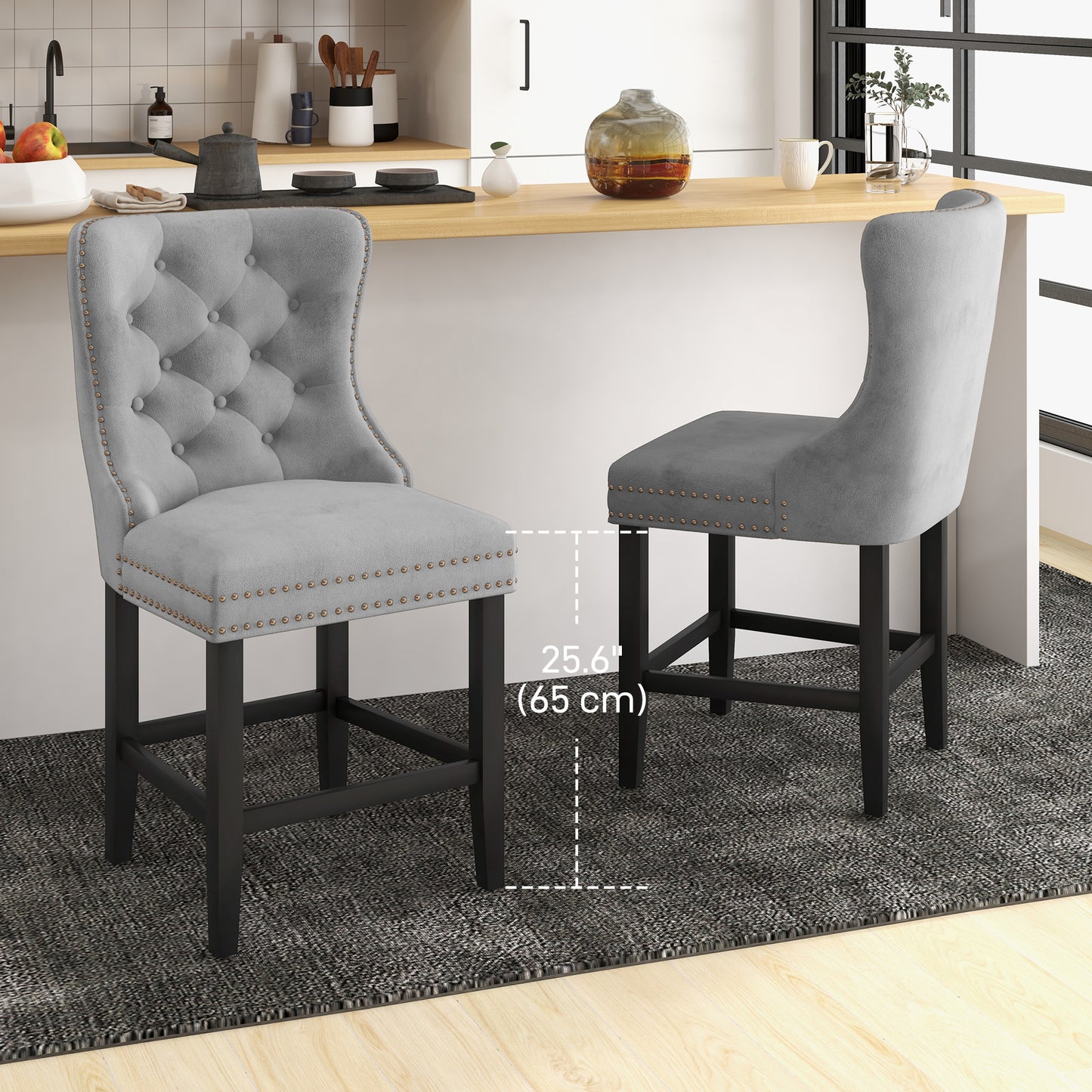 Upholstered Fabric Bar Stool Set of 2, Button Tufted 25.6" Seat Height Counter Chairs with Back &; Wood Legs, Grey Bar Stools   at Gallery Canada