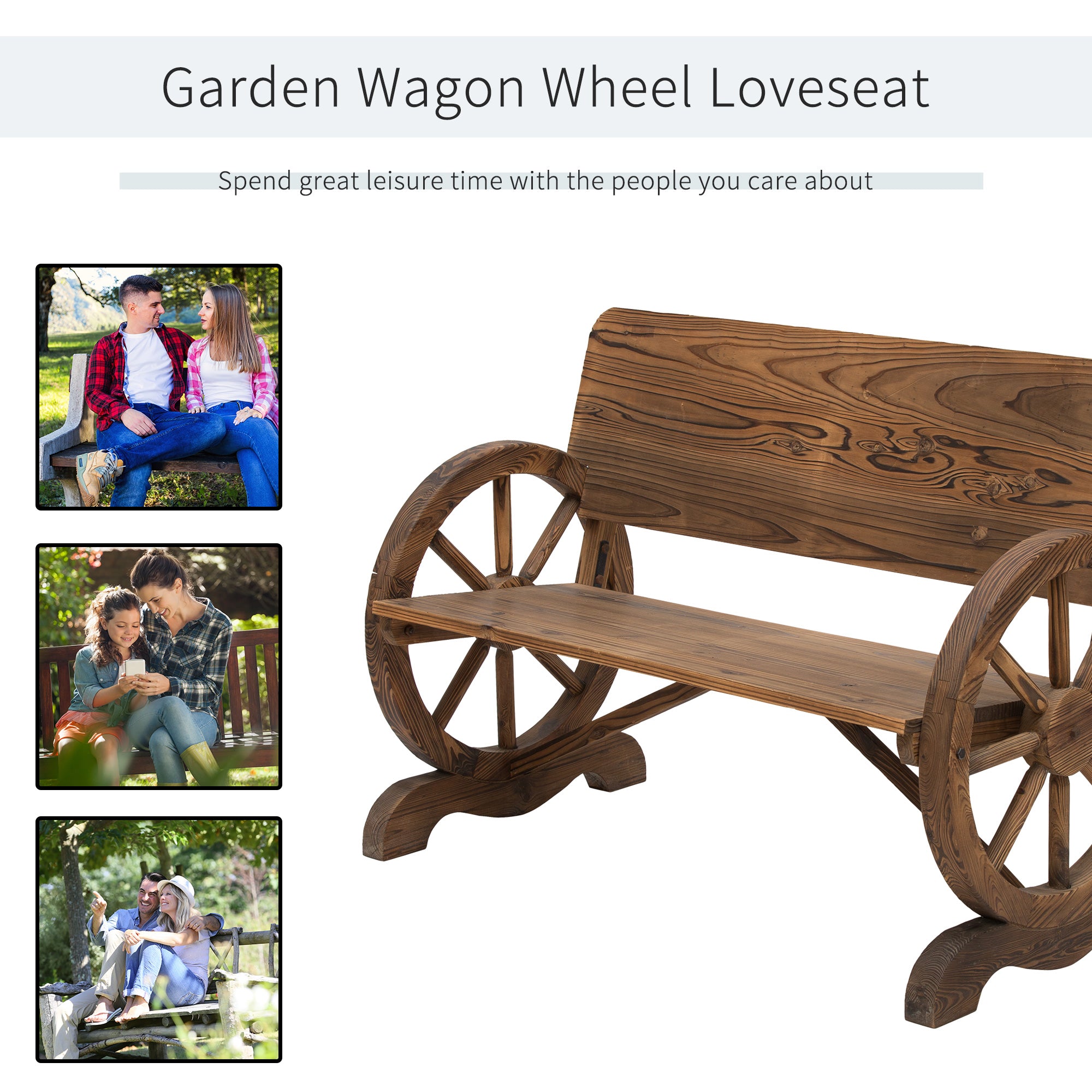 Wooden Wagon Wheel Bench Rustic Design 2 Seater Garden Outdoor Chair High Back Loveseat Outdoor Benches at Gallery Canada