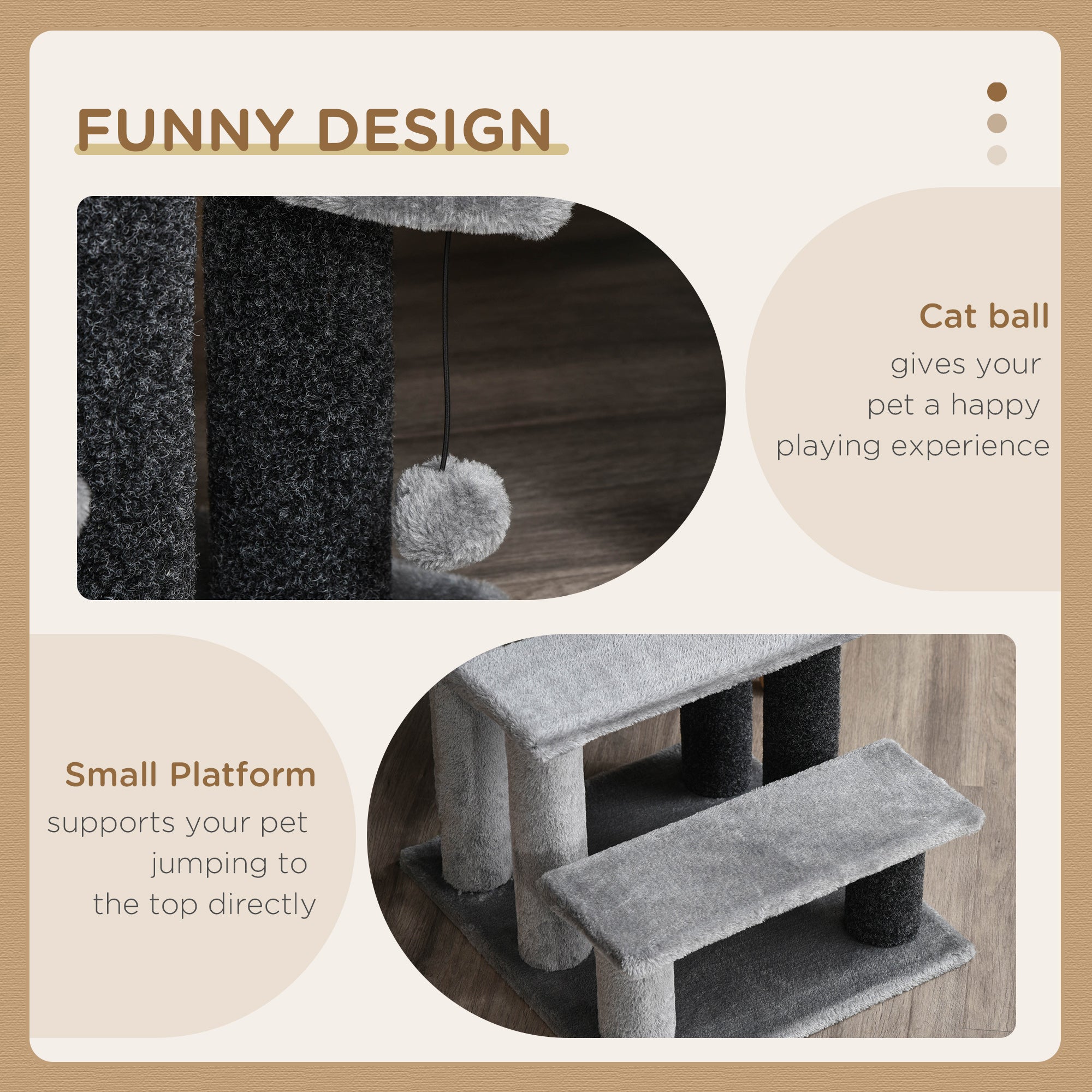 Cat Stairs for Bed, Couch 3 Steps, Small Cat Tree for Indoor Cats with Scratching Posts Toy Ball, 17.5
