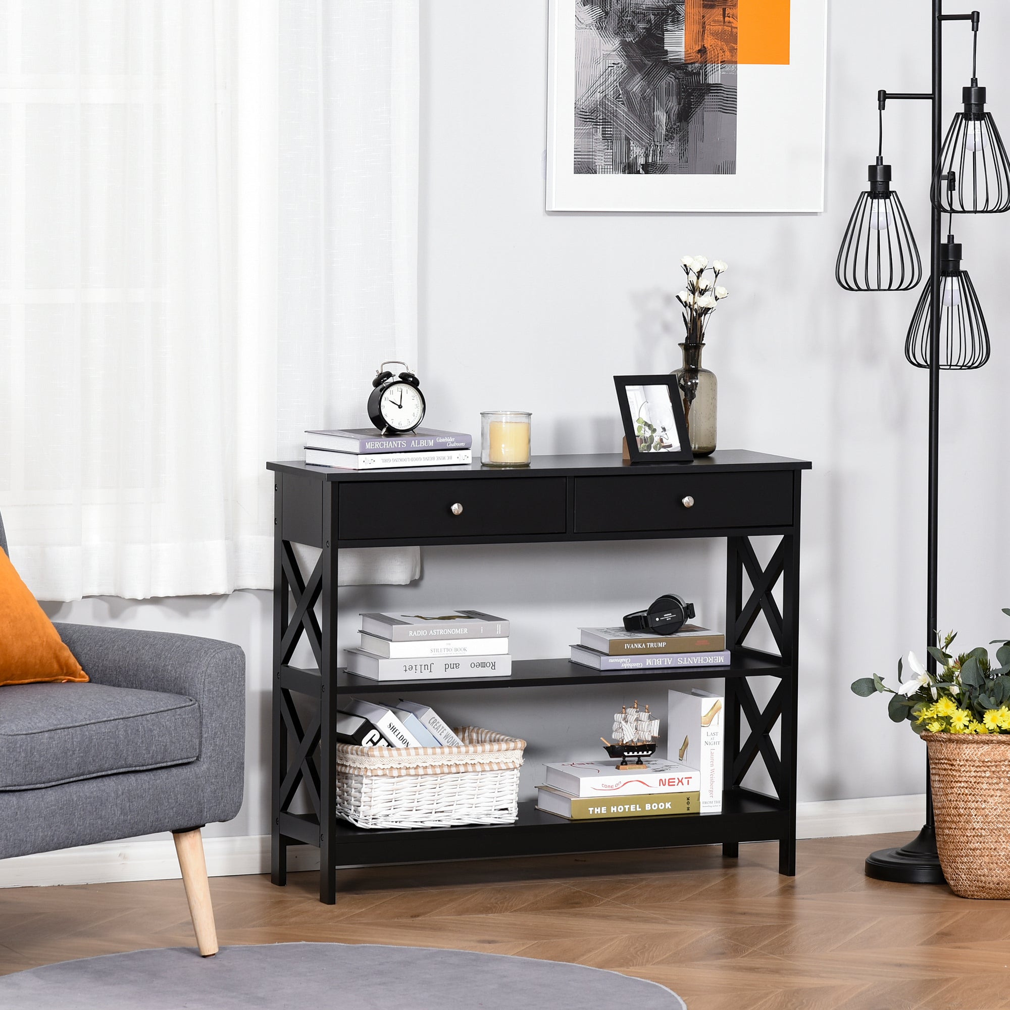 Console Table Sofa Side Desk with Storage Shelves Drawers X Frame for Living Room Entryway Black Console Tables at Gallery Canada