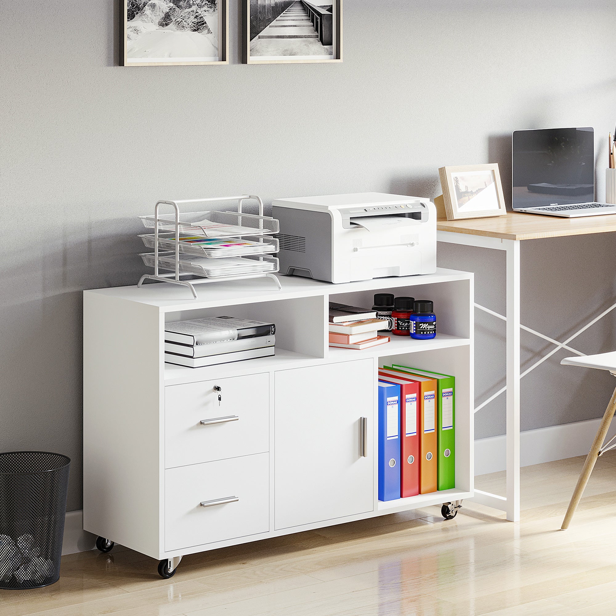 Lateral Filing Cabinet with Open Storage Shelf, Printer Stand Home Office Mobile File Cabinet with Wheels, Lockable Drawer, White Office Cabinets & Cupboards at Gallery Canada