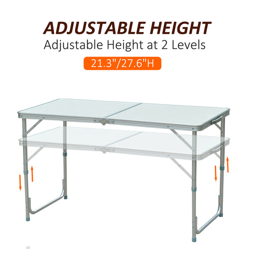 4ft Camping Table Foldable Picnic Garden BBQ Desk Indoor &; Outdoor Folding Table with 2 Level Height Adjustable, Aluminum Frame and Carrying Handle, Silver