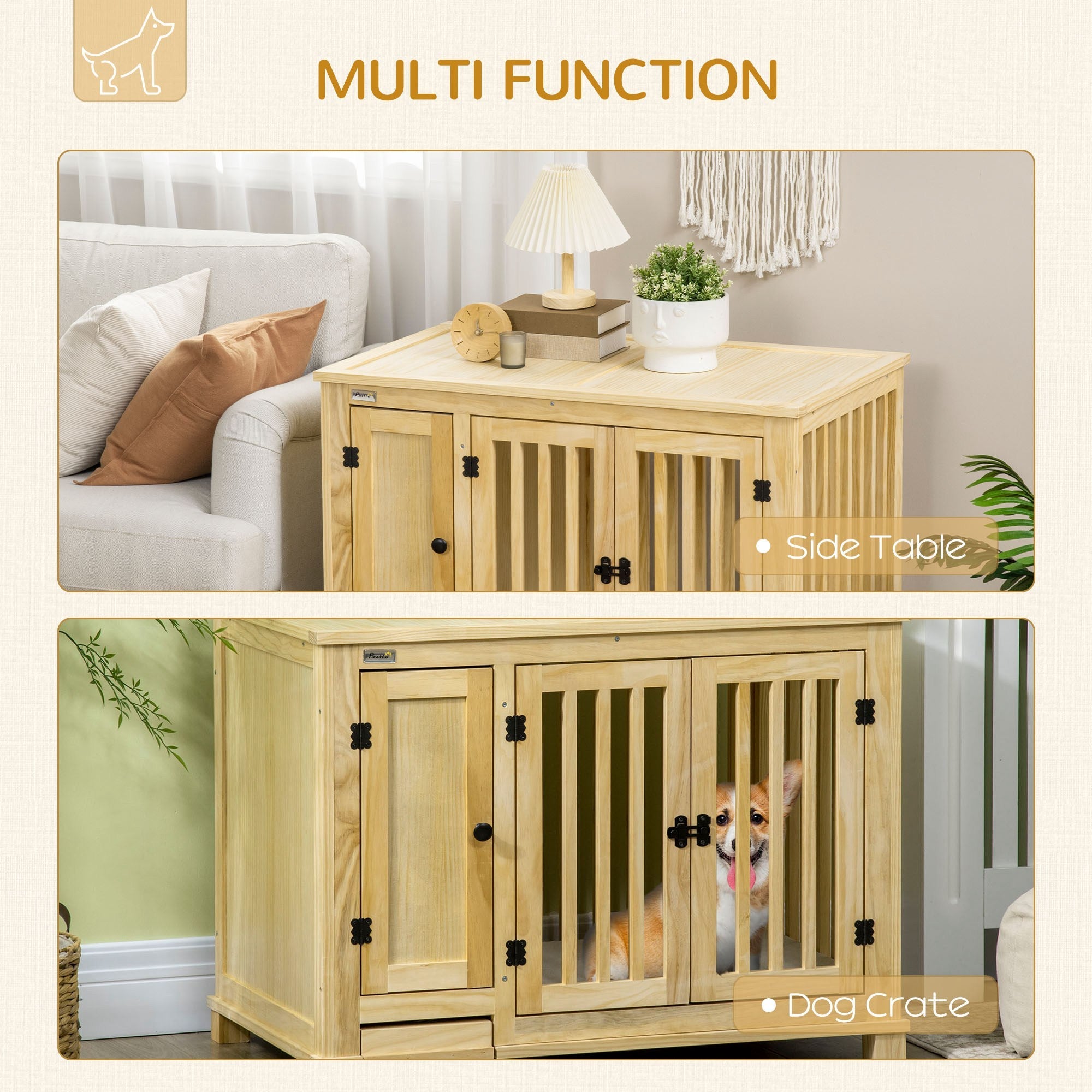 Wooden Dog Crate Furniture with Drawer Bowl Storage, Dog Kennel End Table with Cushion for Small Dogs Indoor Use, Natural Houses, Kennels & Pens   at Gallery Canada