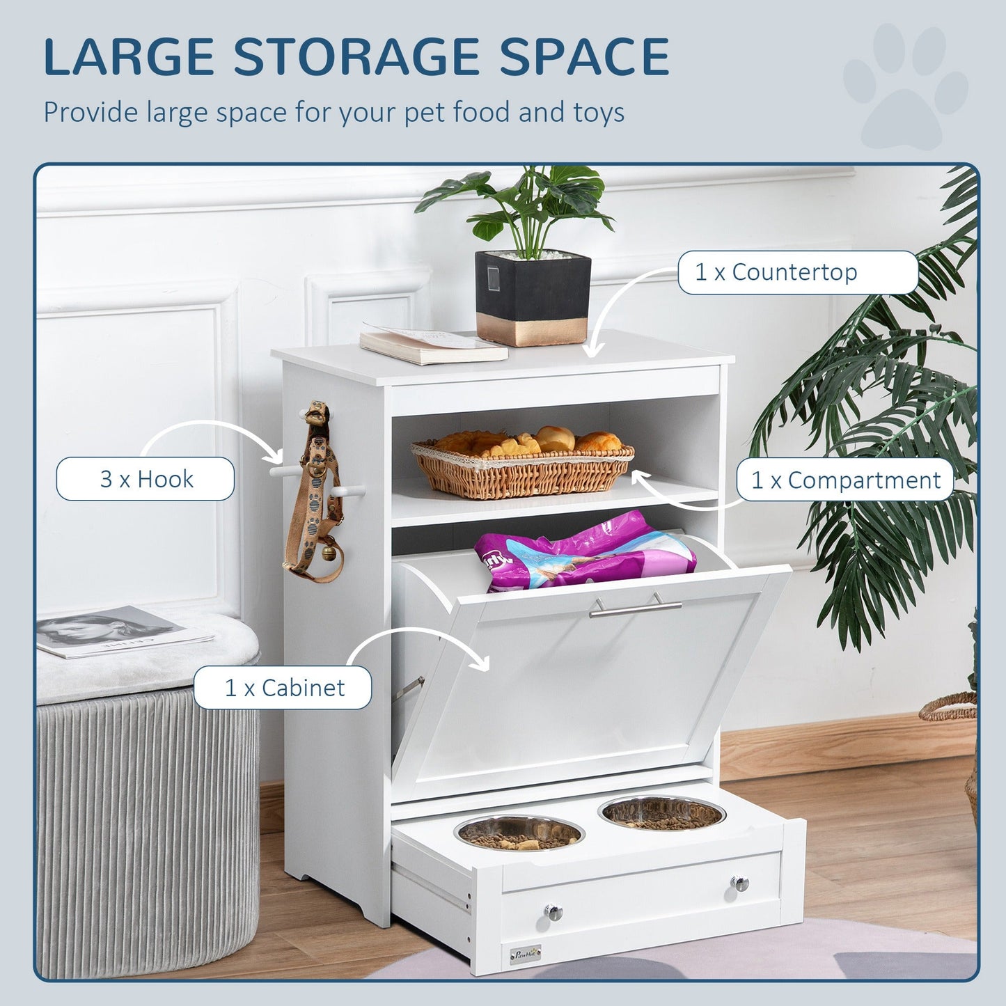 Pet Feeder Station Storage Cabinet, Dog Food Storage Container with Dog Raised Bowls, Watering Supplies, Gray Dog Bowls   at Gallery Canada