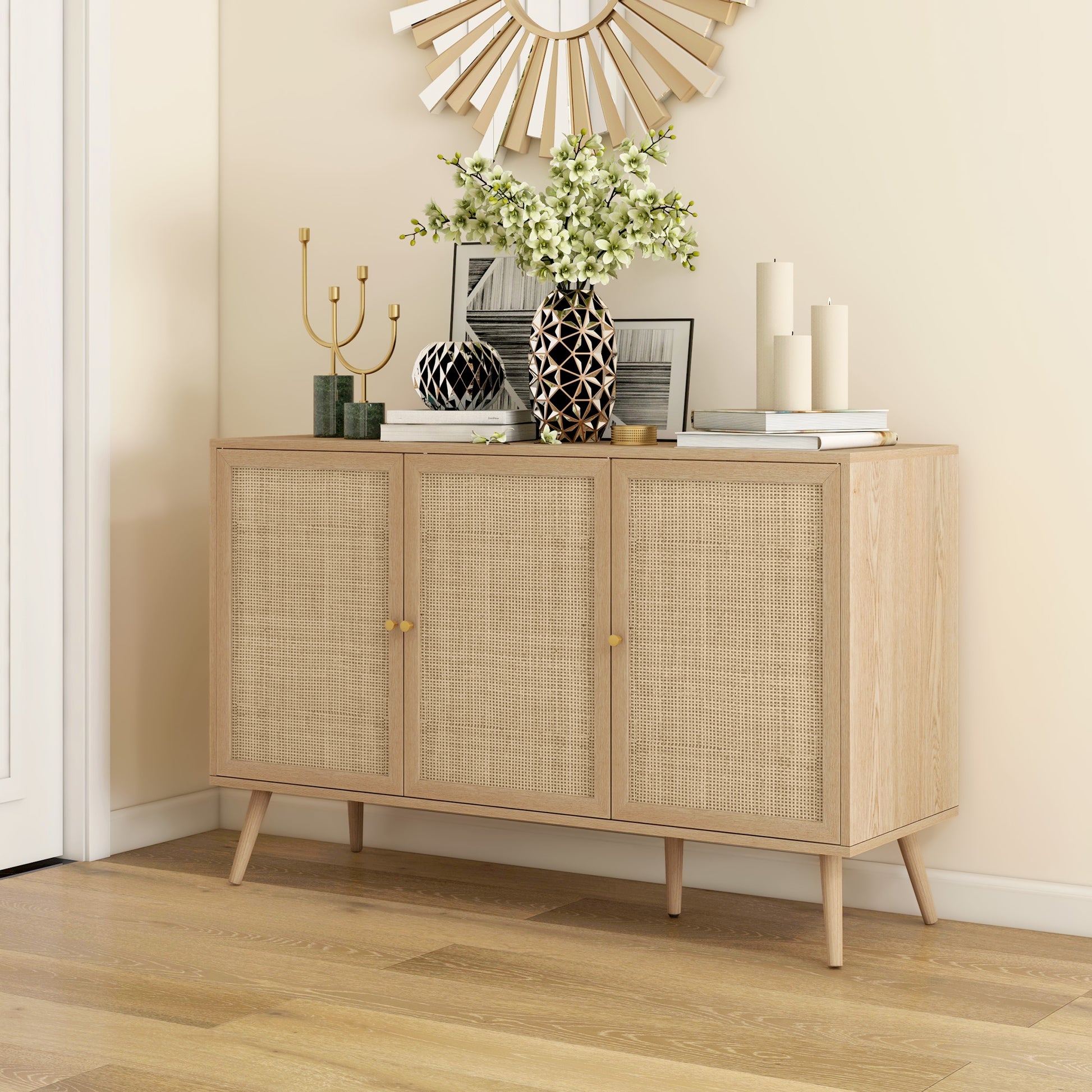 Kitchen Sideboard Cabinet, Boho Storage Cabinet with Shelves, Wood Legs, Decorative Rattan Doors, Natural Storage Cabinets   at Gallery Canada