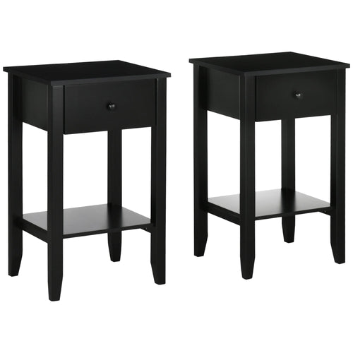 Side Table Set of 2, End Tables with Drawer and Bottom Shelf, 2-tier Nightstand for Bedroom, Living Room, Black