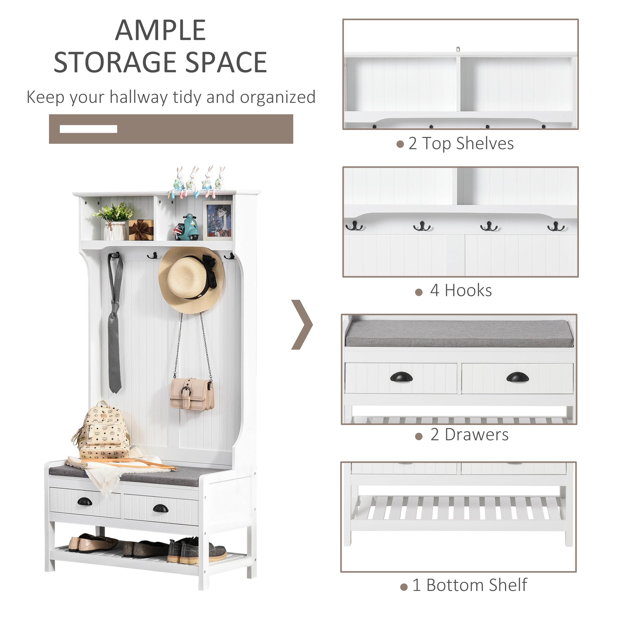 Multi-Functional Coat Stand with Shoe Storage Bench, Drawers, Padded Seat - White Clothing Storage   at Gallery Canada