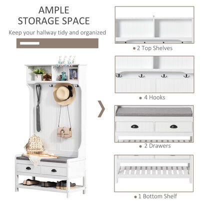 Multi-Functional Coat Stand with Shoe Storage Bench, Drawers, Padded Seat - White Clothing Storage   at Gallery Canada